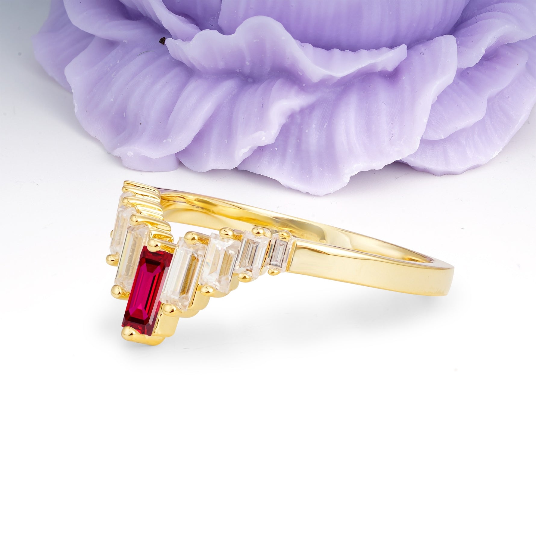 Elegant Soft Mountain Peak V Shape Graduated Emerald Cut Ruby Wedding Ring - Additional view
