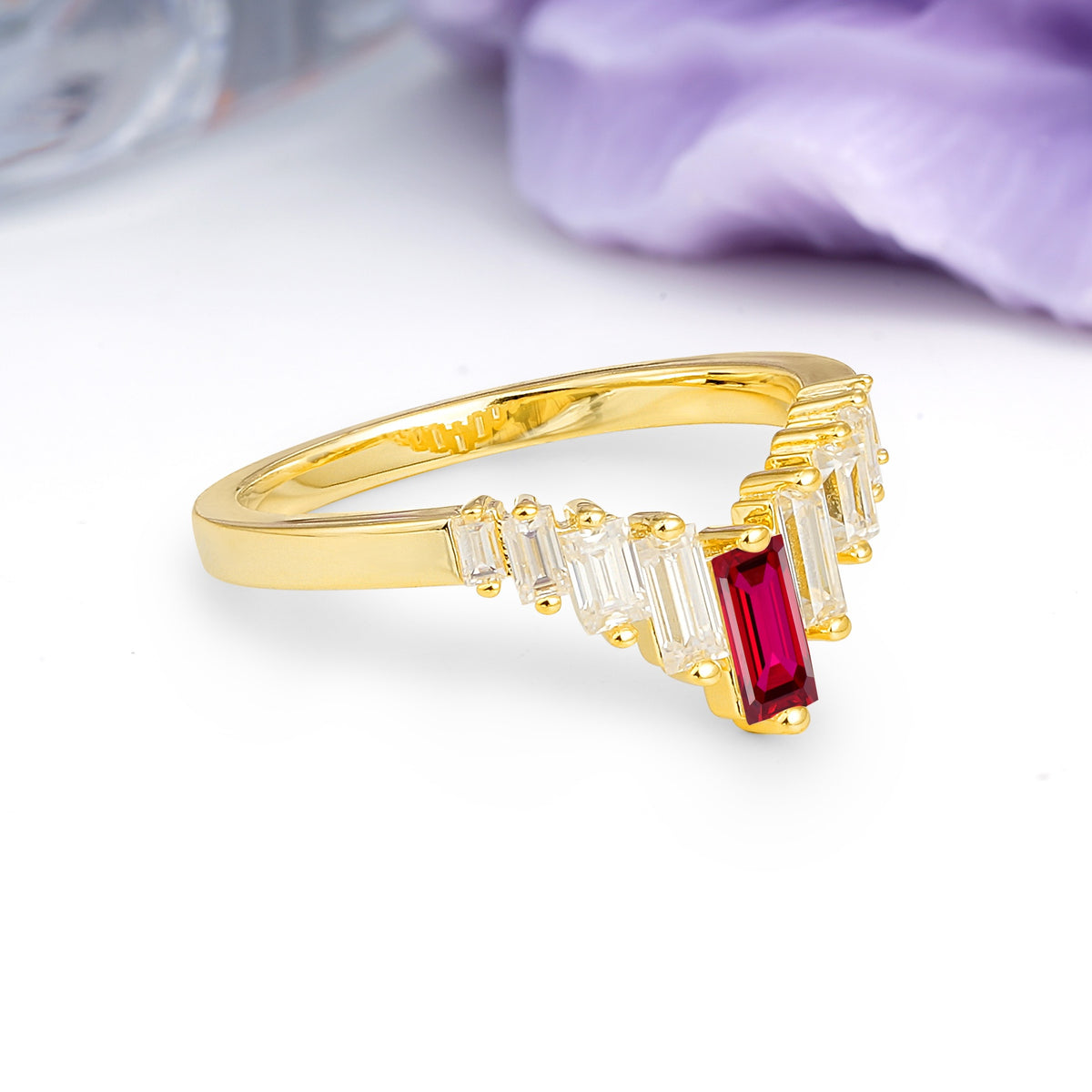 Elegant Soft Mountain Peak V Shape Graduated Emerald Cut Ruby Wedding Ring - Additional view