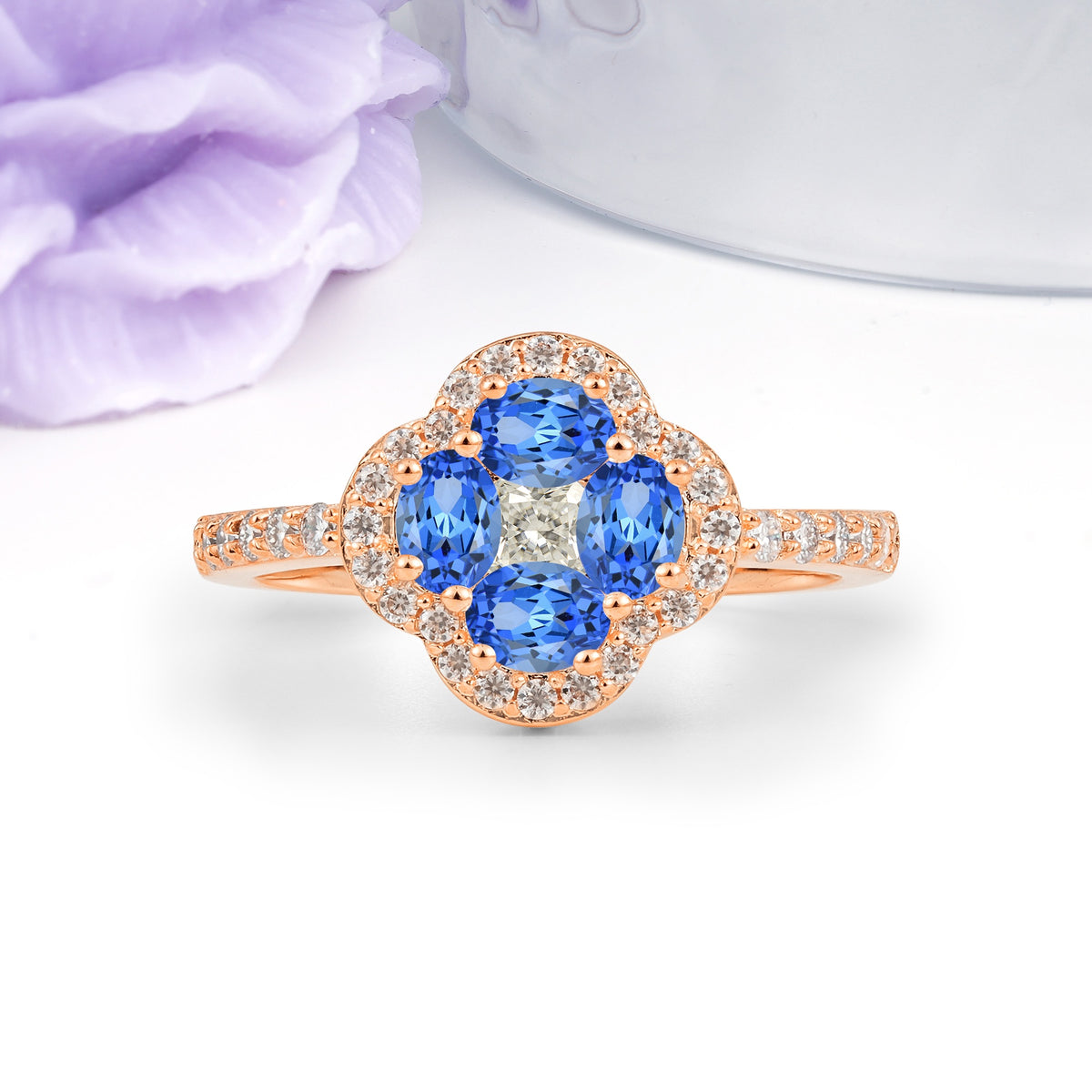 Unique Flower-Shaped 4-Prong Oval Cut Sapphire Engagement Ring - Additional view
