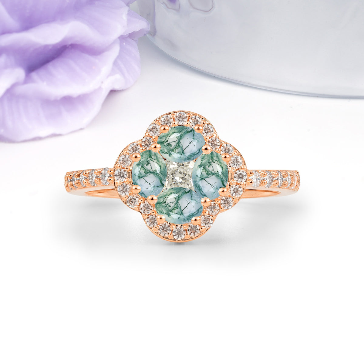 Unique Flower-Shaped 4-Prong Oval Cut Moss Agate Engagement Ring - Additional view