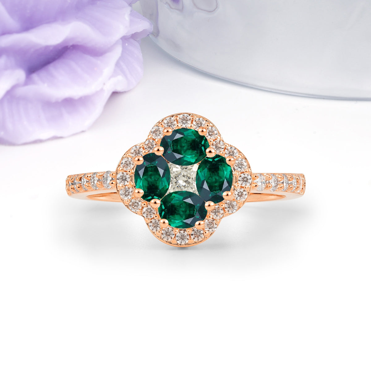 Unique Flower-Shaped 4-Prong Oval Cut Emerald Engagement Ring - Additional view