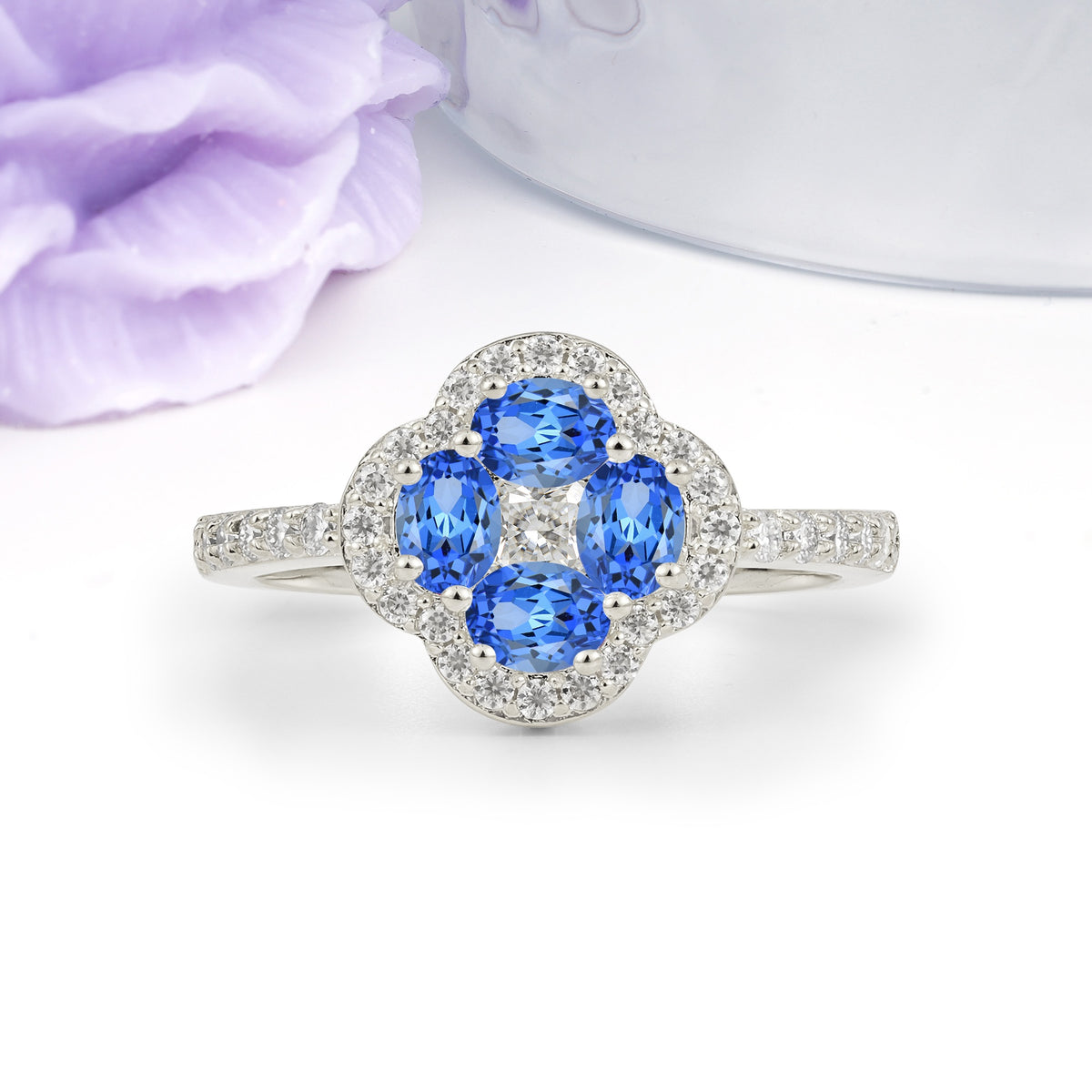 Unique Flower-Shaped 4-Prong Oval Cut Sapphire Engagement Ring - Additional view