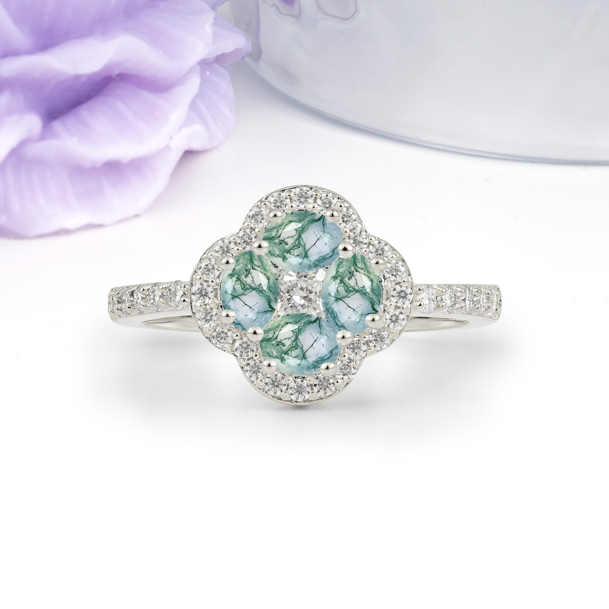 Unique Flower-Shaped 4-Prong Oval Cut Moss Agate Engagement Ring - Additional view