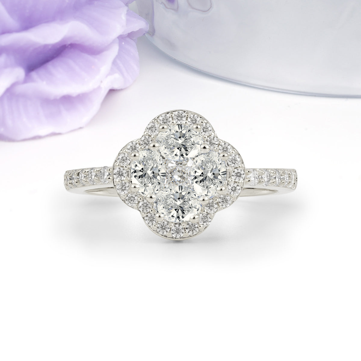 Unique Flower-Shaped 4-Prong Oval Cut Lab Diamond Engagement Ring - Additional view