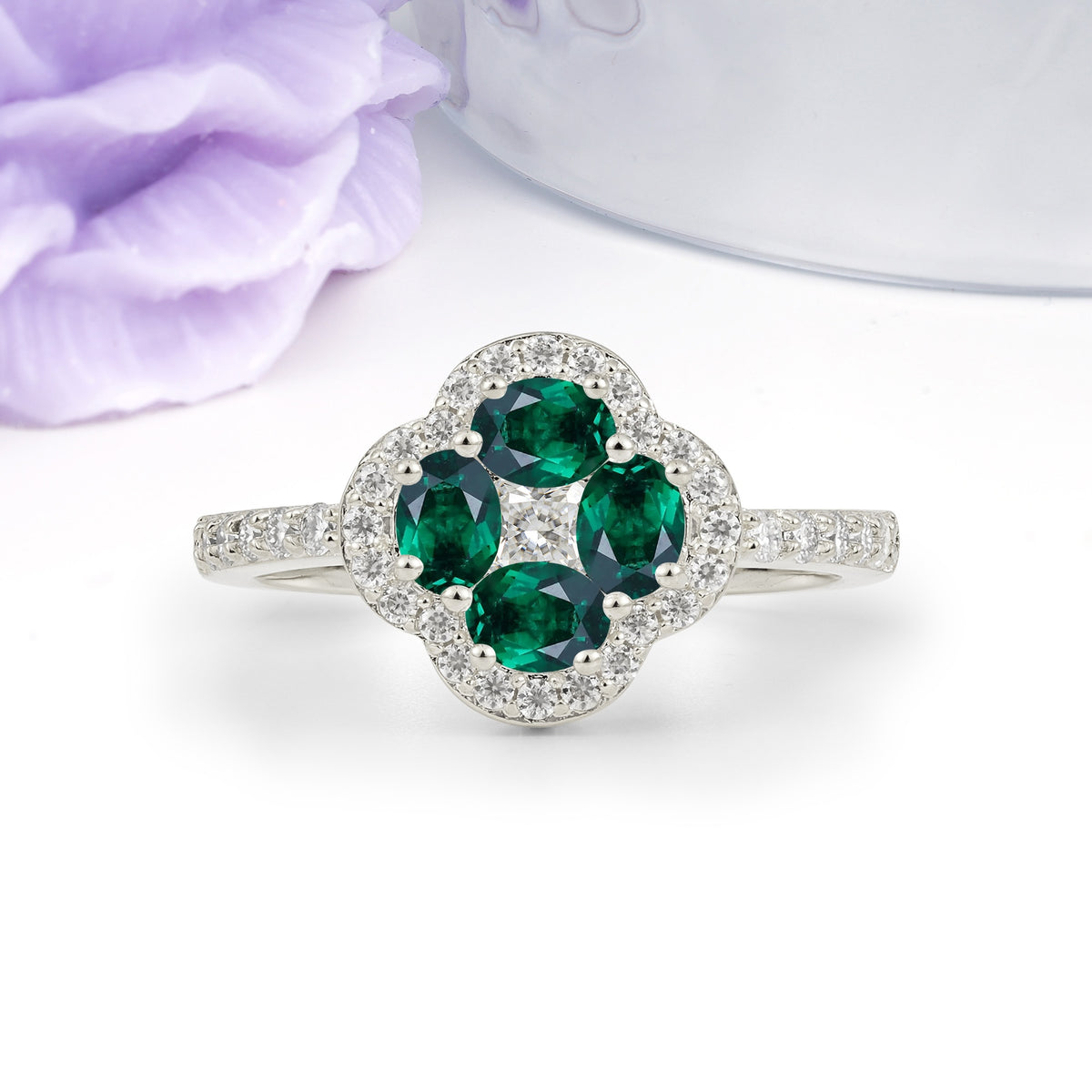 Unique Flower-Shaped 4-Prong Oval Cut Emerald Engagement Ring - Additional view