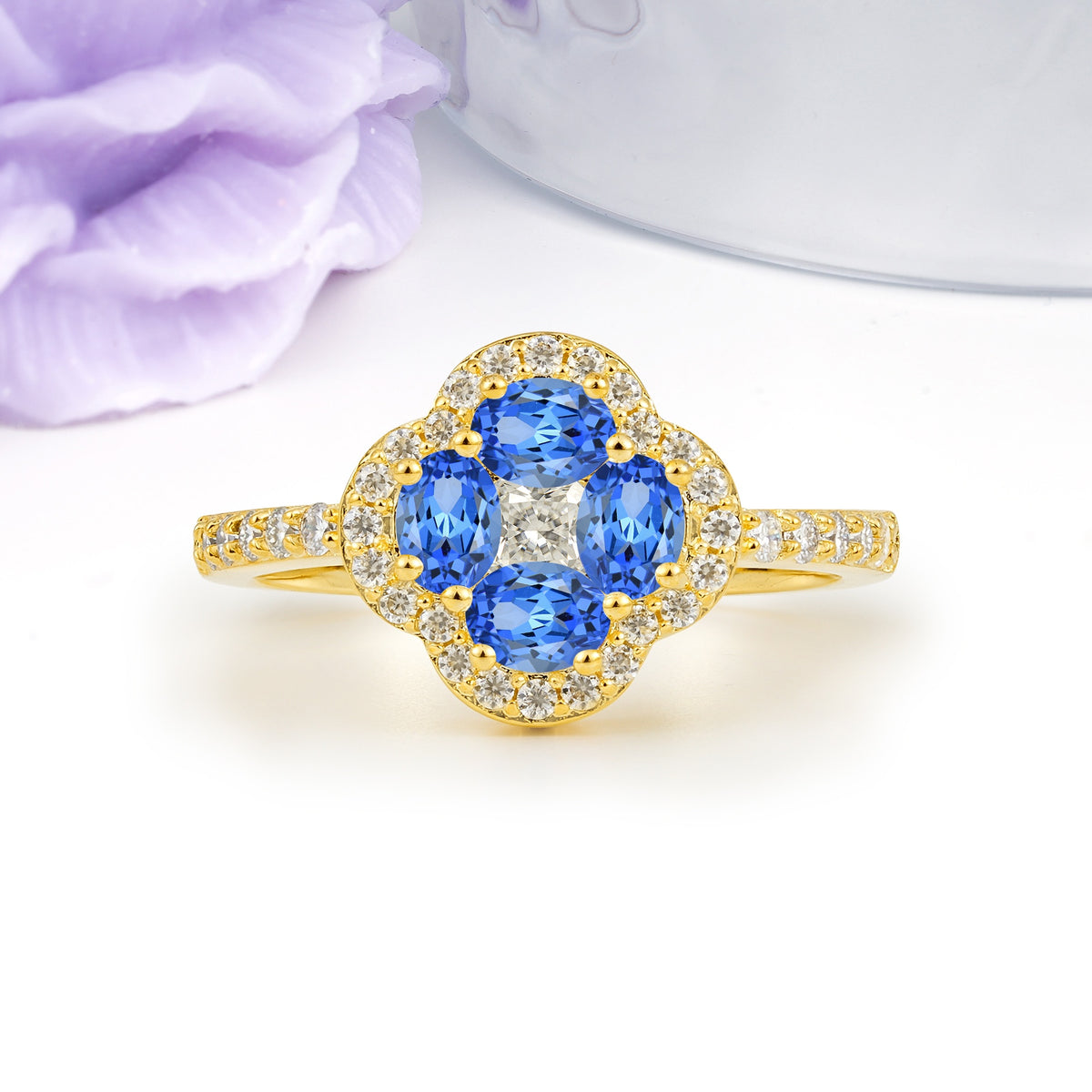 Unique Flower-Shaped 4-Prong Oval Cut Sapphire Engagement Ring - Additional view