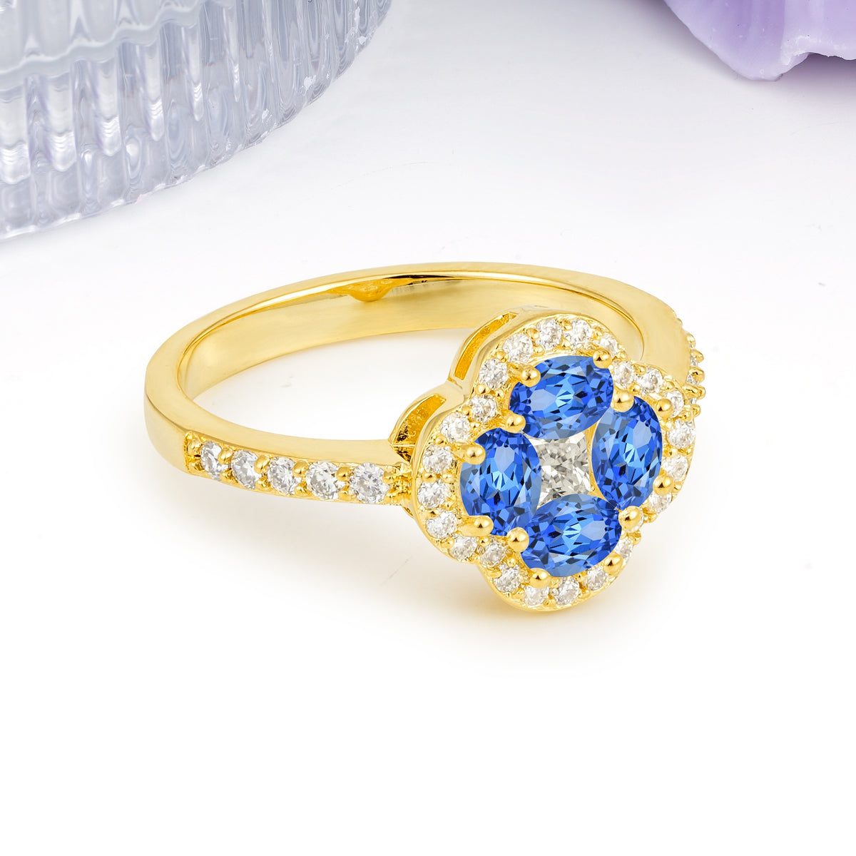 Unique Flower-Shaped 4-Prong Oval Cut Sapphire Engagement Ring - Additional view