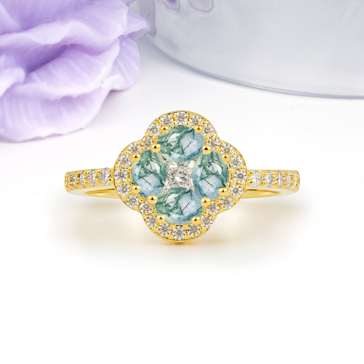 Unique Flower-Shaped 4-Prong Oval Cut Moss Agate Engagement Ring - Additional view