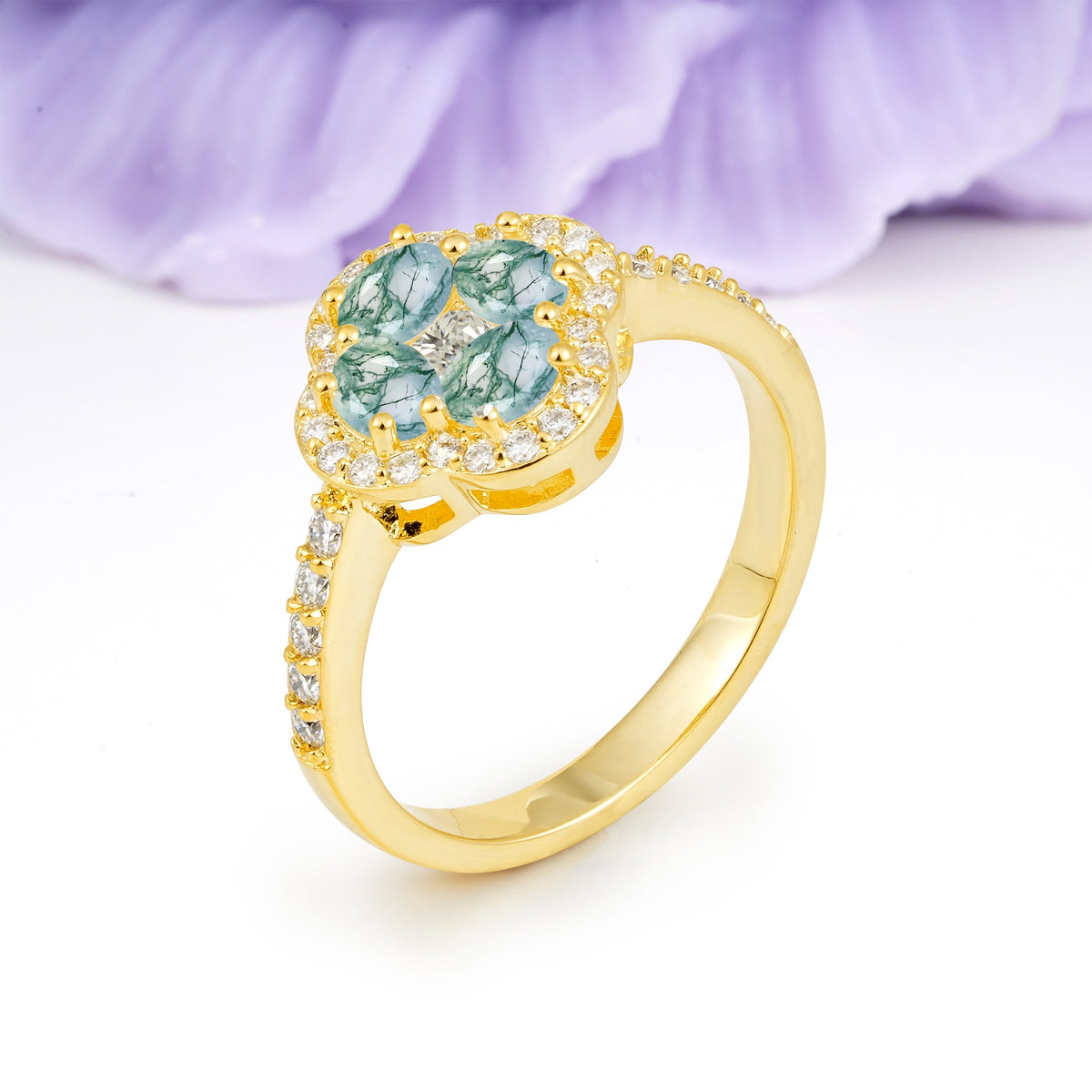Unique Flower-Shaped 4-Prong Oval Cut Moss Agate Engagement Ring - Additional view
