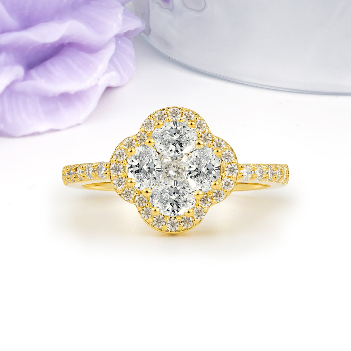 Unique Flower-Shaped 4-Prong Oval Cut Lab Diamond Engagement Ring - Additional view