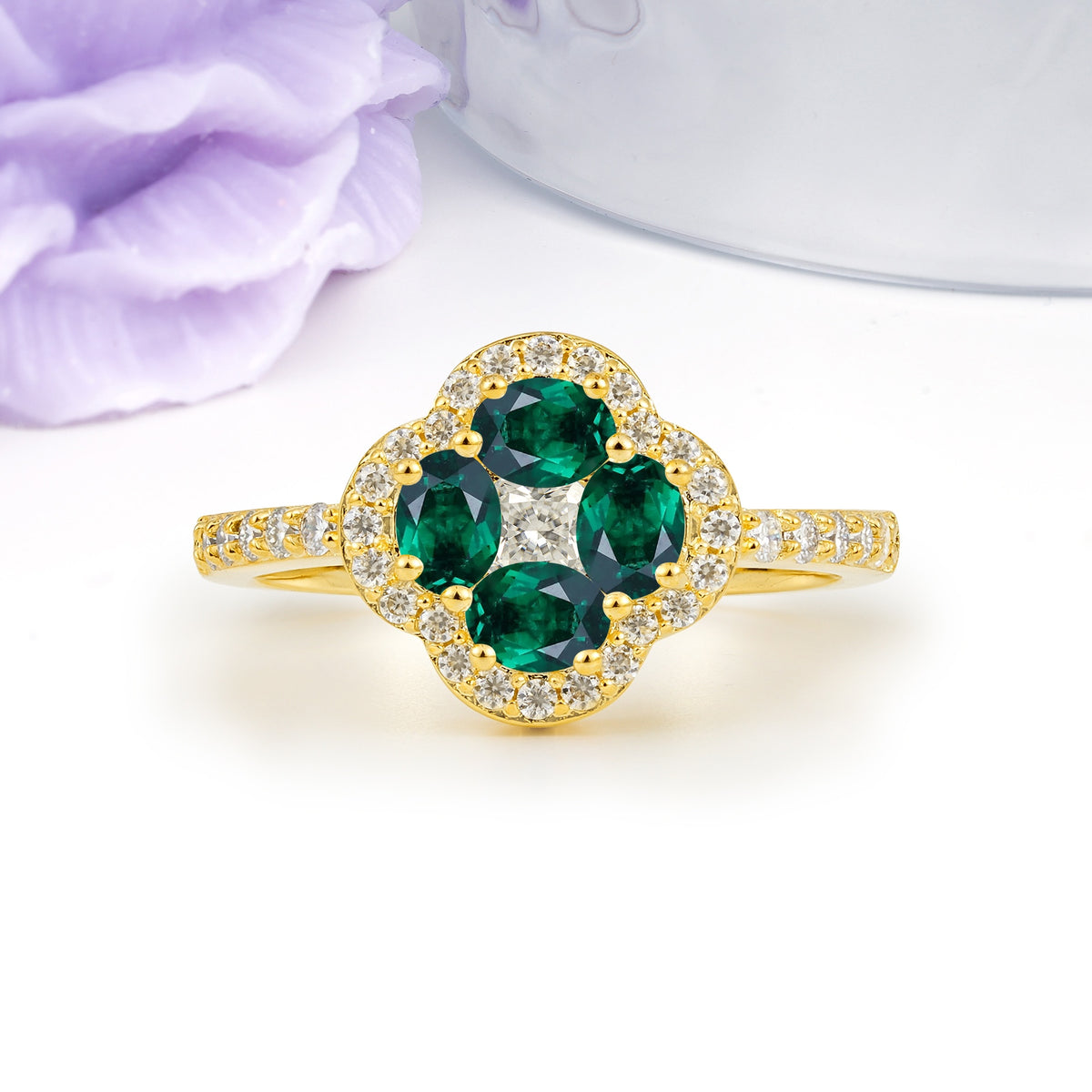 Unique Flower-Shaped 4-Prong Oval Cut Emerald Engagement Ring - Additional view