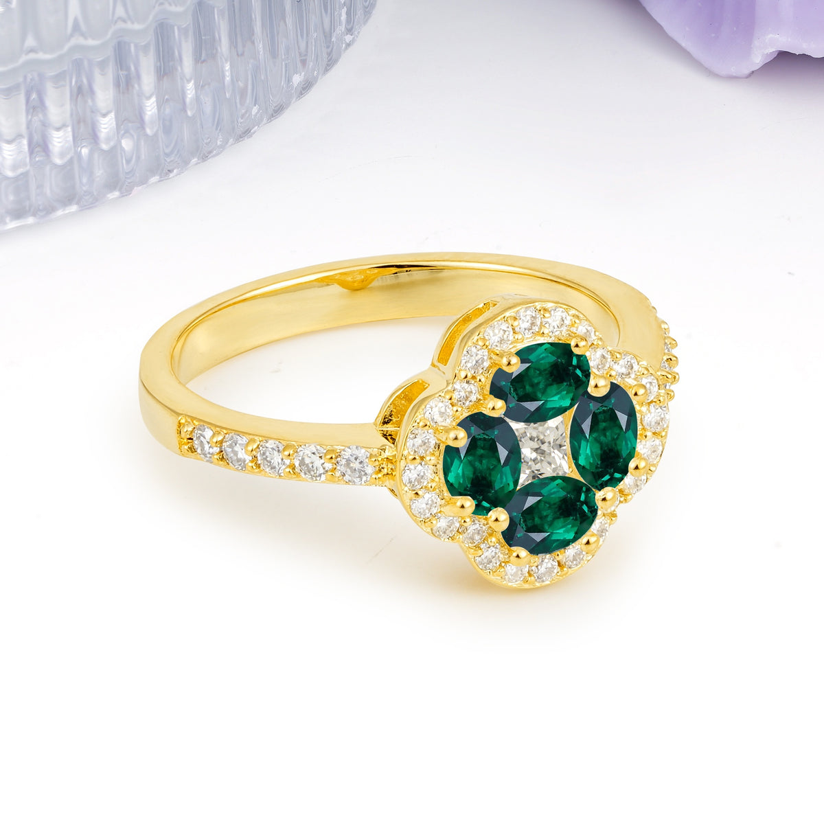 Unique Flower-Shaped 4-Prong Oval Cut Emerald Engagement Ring - Additional view
