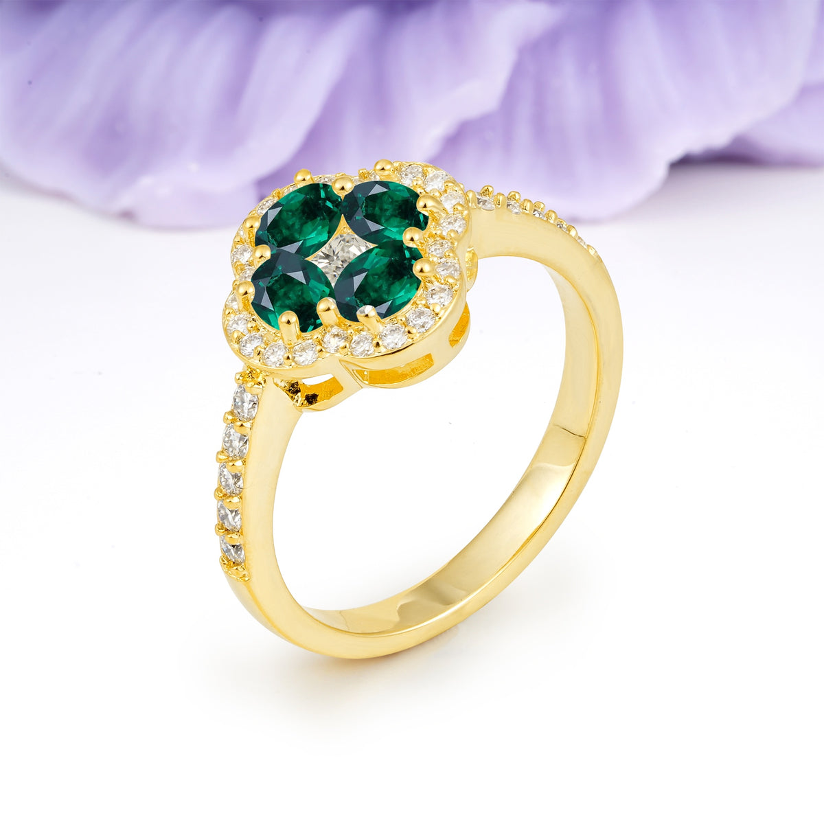Unique Flower-Shaped 4-Prong Oval Cut Emerald Engagement Ring - Additional view