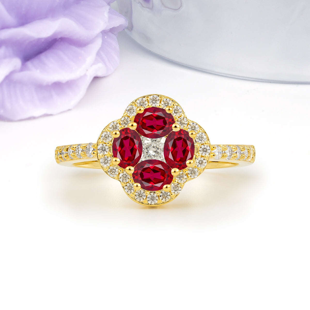 Unique Flower-Shaped 4-Prong Oval Cut Ruby Engagement Ring - Additional view