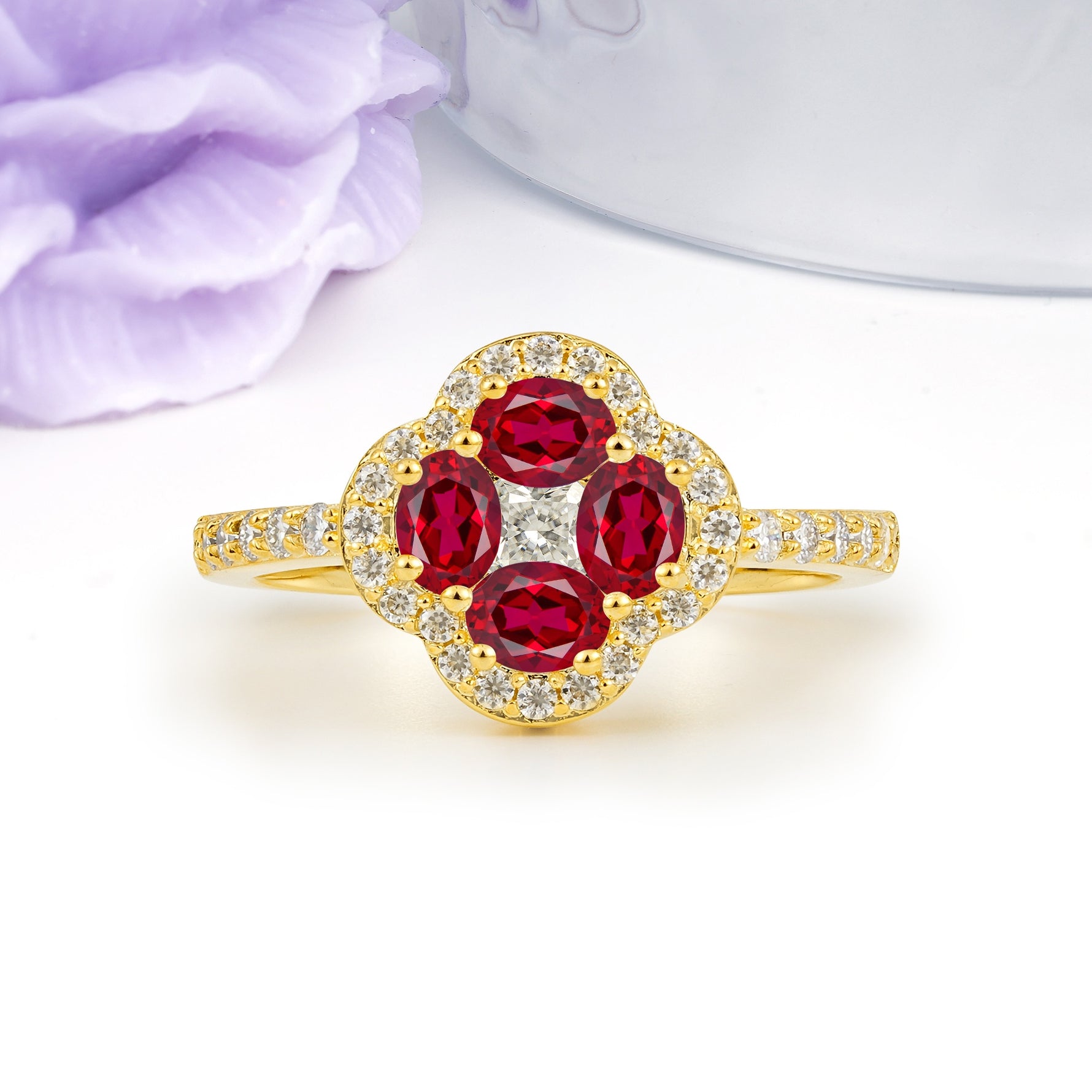 Unique Flower-Shaped 4-Prong Oval Cut Ruby Engagement Ring - Additional view