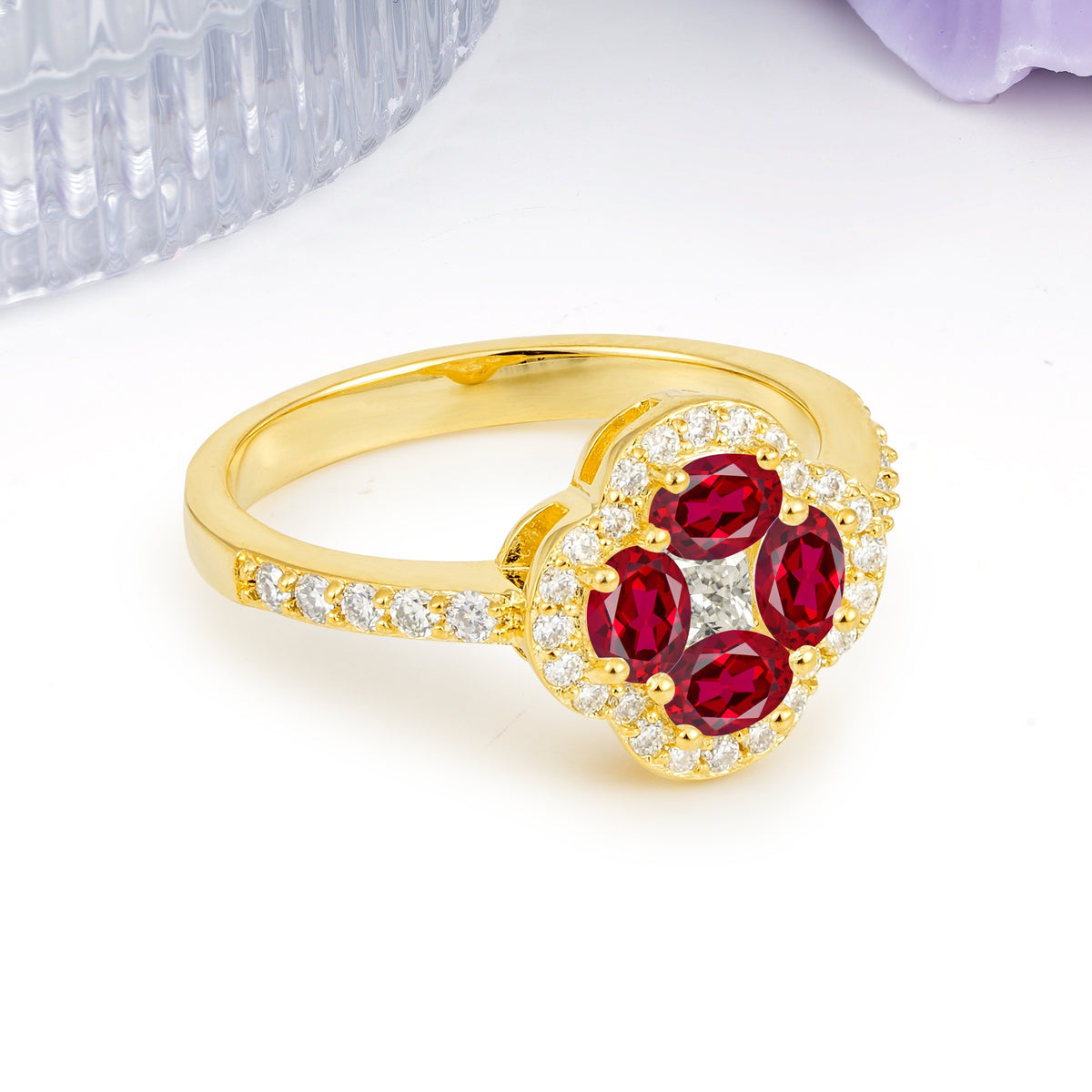 Unique Flower-Shaped 4-Prong Oval Cut Ruby Engagement Ring - Additional view