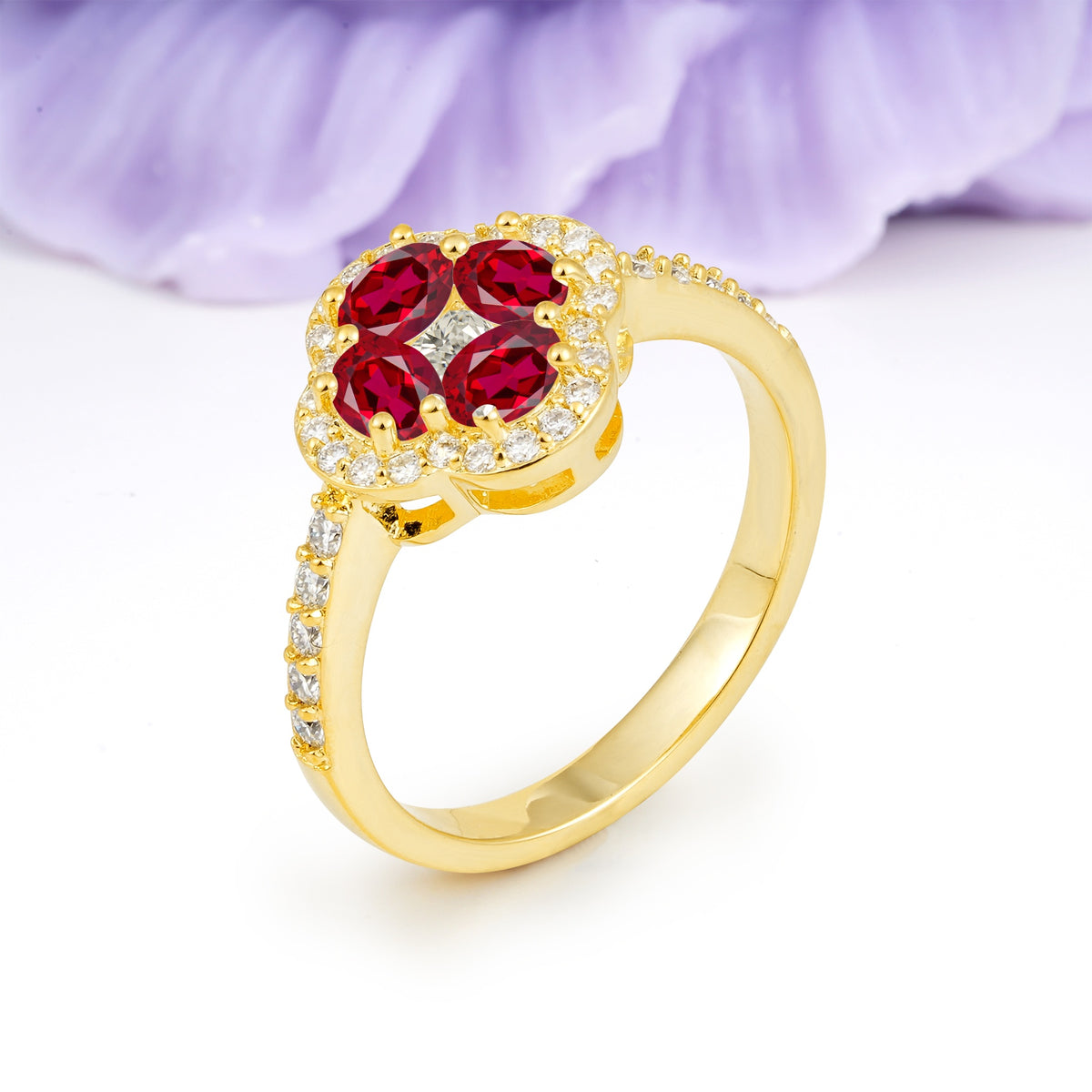 Unique Flower-Shaped 4-Prong Oval Cut Ruby Engagement Ring - Additional view