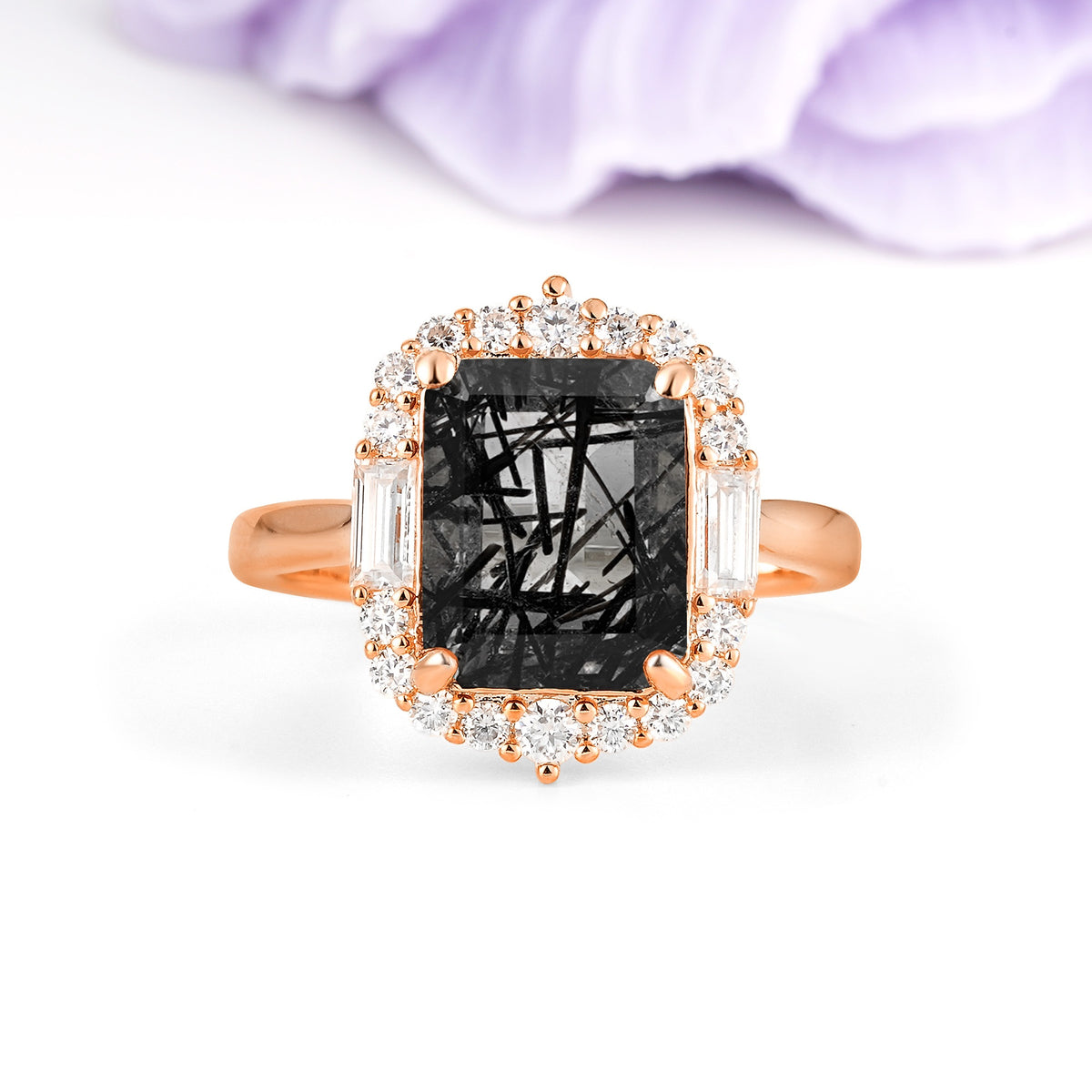 Unique & Classic 4-Prong Emerald Cut Black Rutilated Quartz Engagement Ring - Additional view