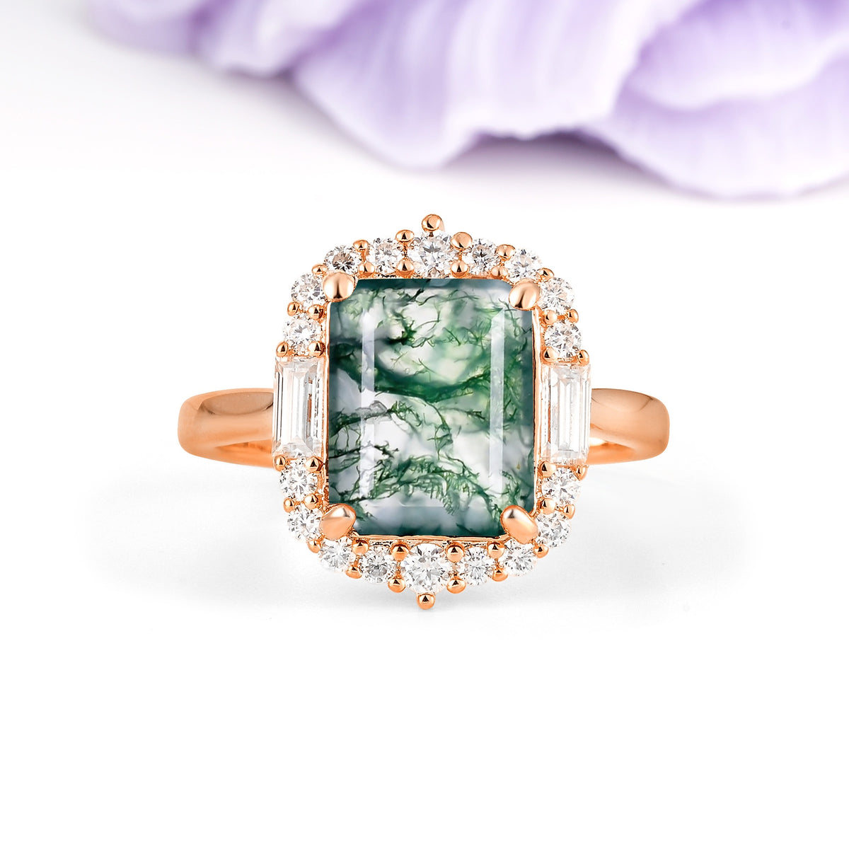 Unique & Classic 4-Prong Emerald Cut Moss Agate Engagement Ring - Additional view