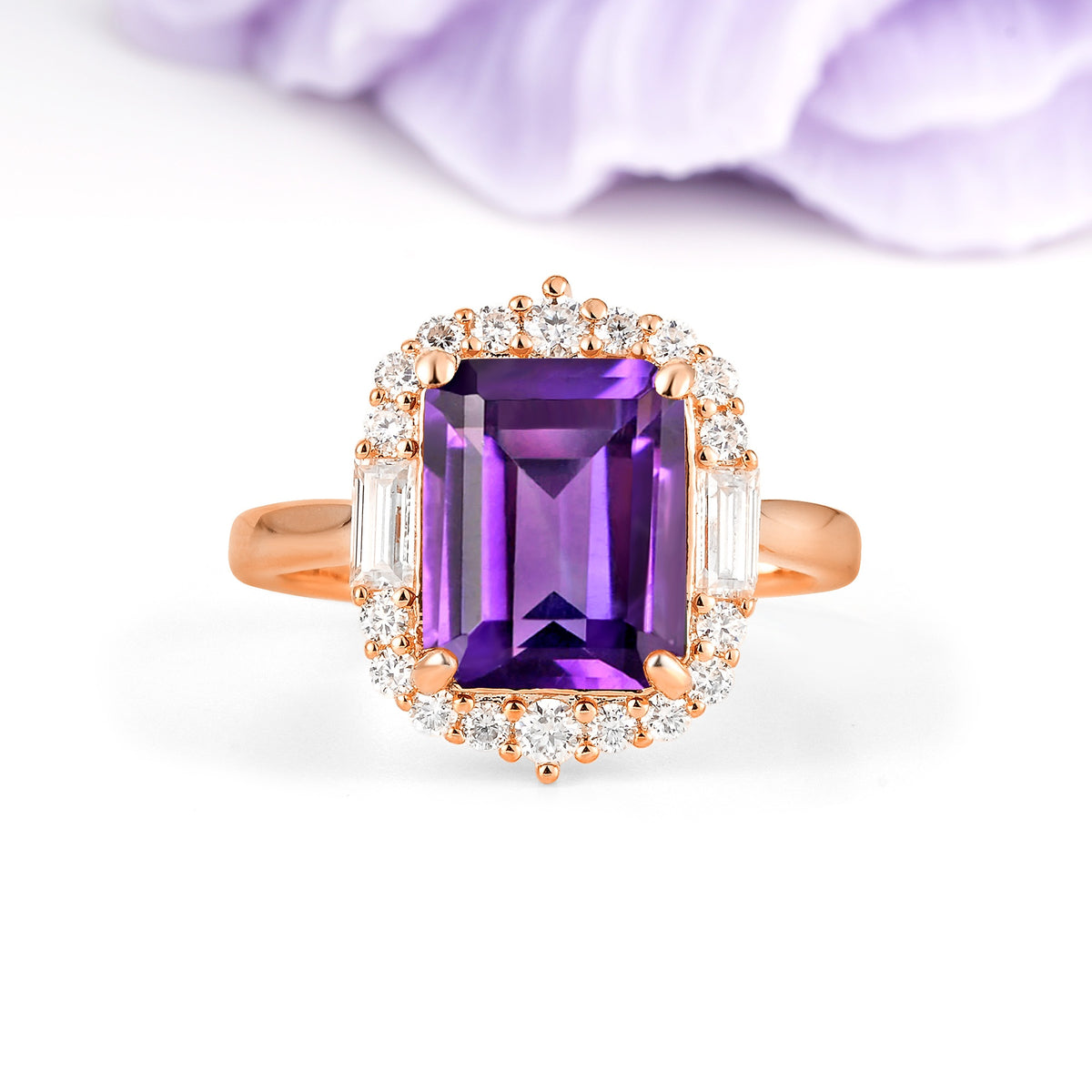 Unique & Classic 4-Prong Emerald Cut Amethyst Engagement Ring - Additional view