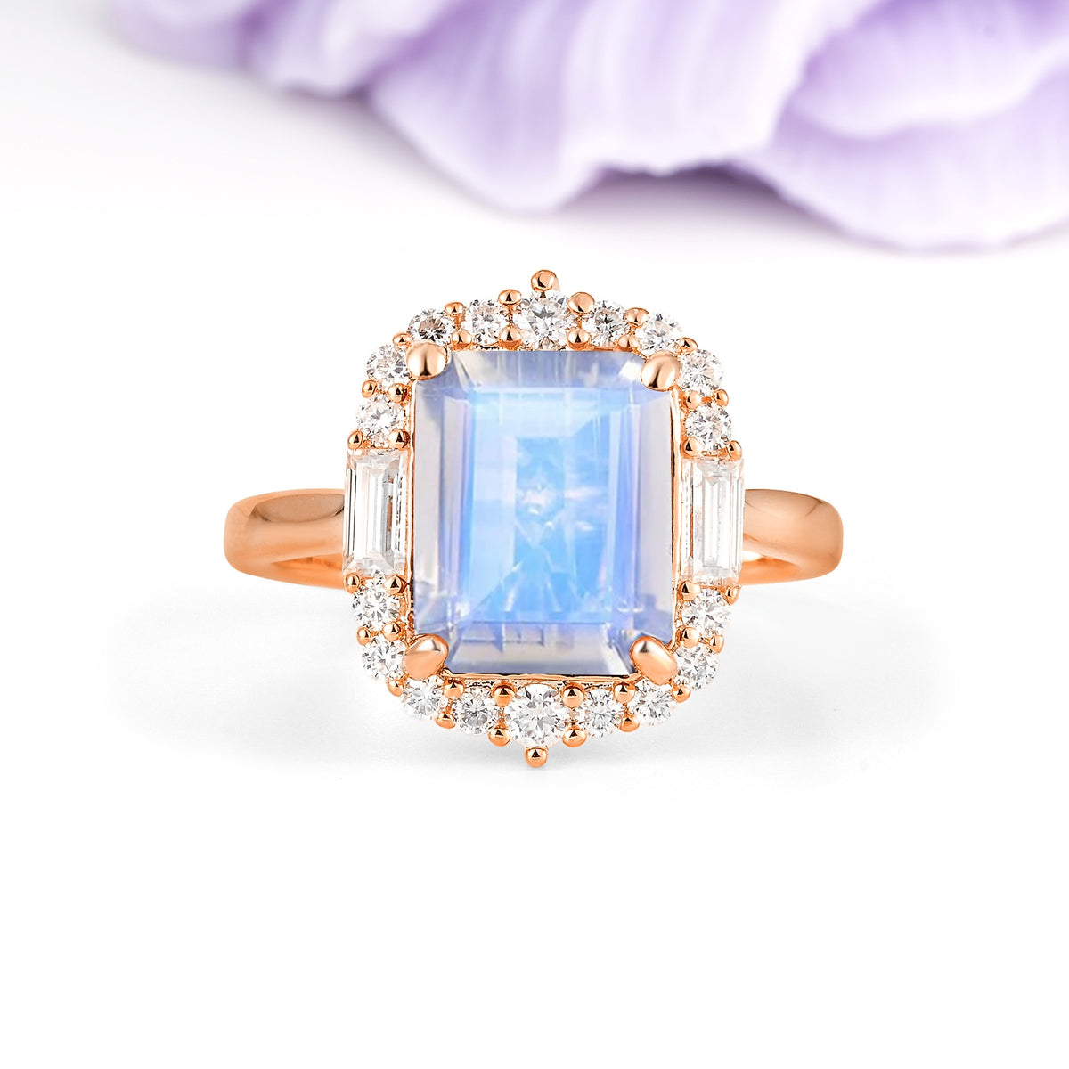 Unique & Classic 4-Prong Emerald Cut Moonstone Engagement Ring - Additional view
