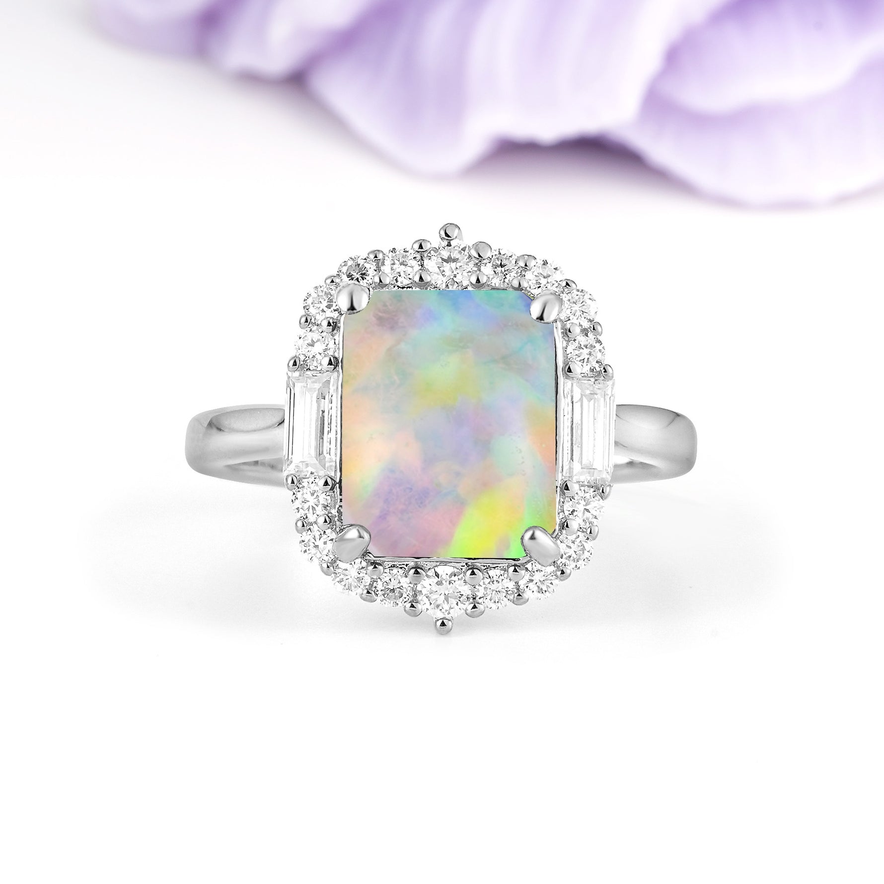 Unique & Classic 4-Prong Emerald Cut Fire Opal Engagement Ring - Additional view
