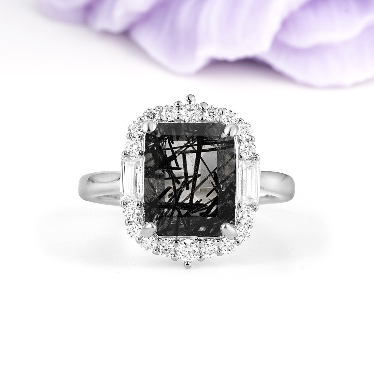 Unique & Classic 4-Prong Emerald Cut Black Rutilated Quartz Engagement Ring - Additional view