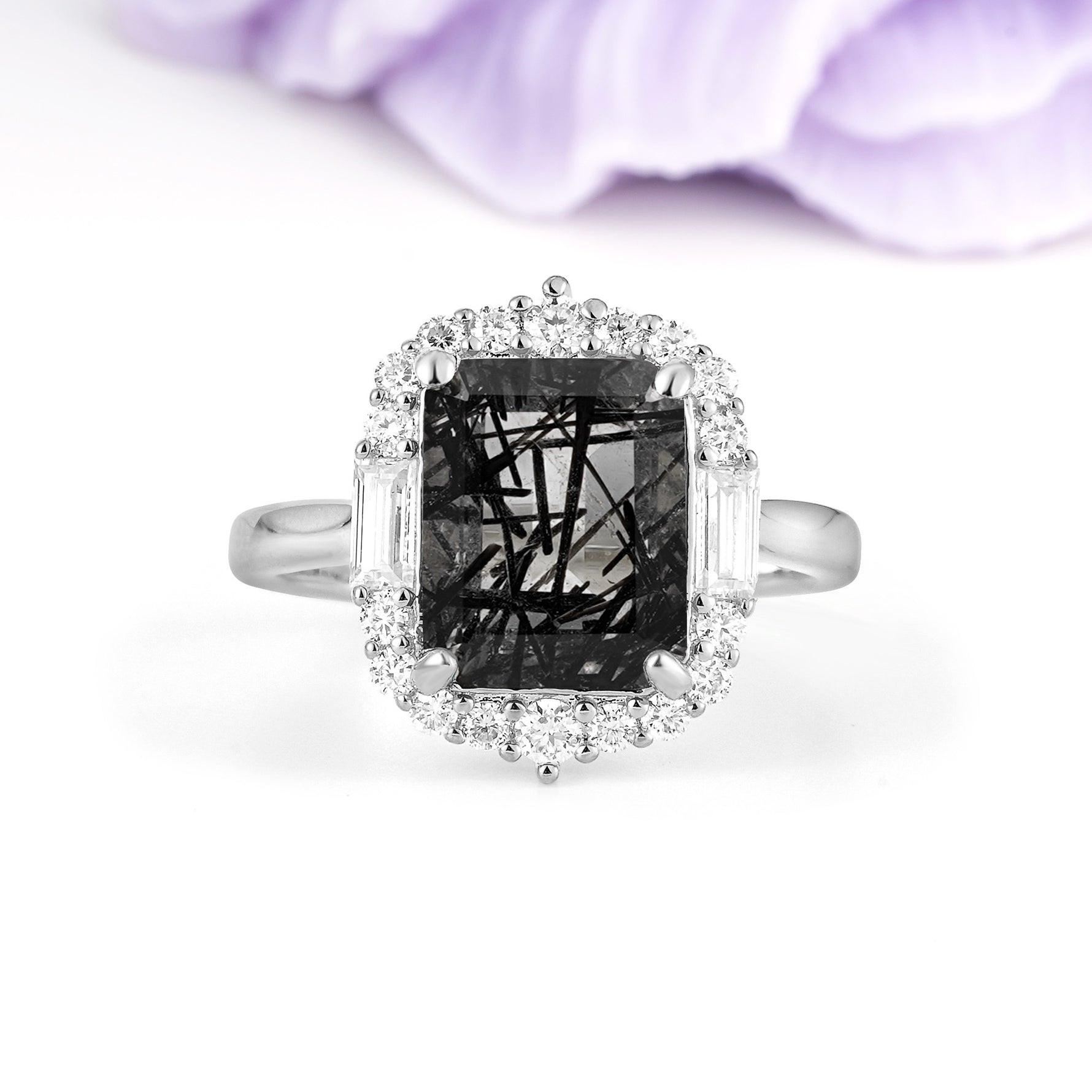 Unique & Classic 4-Prong Emerald Cut Black Rutilated Quartz Engagement Ring - Additional view