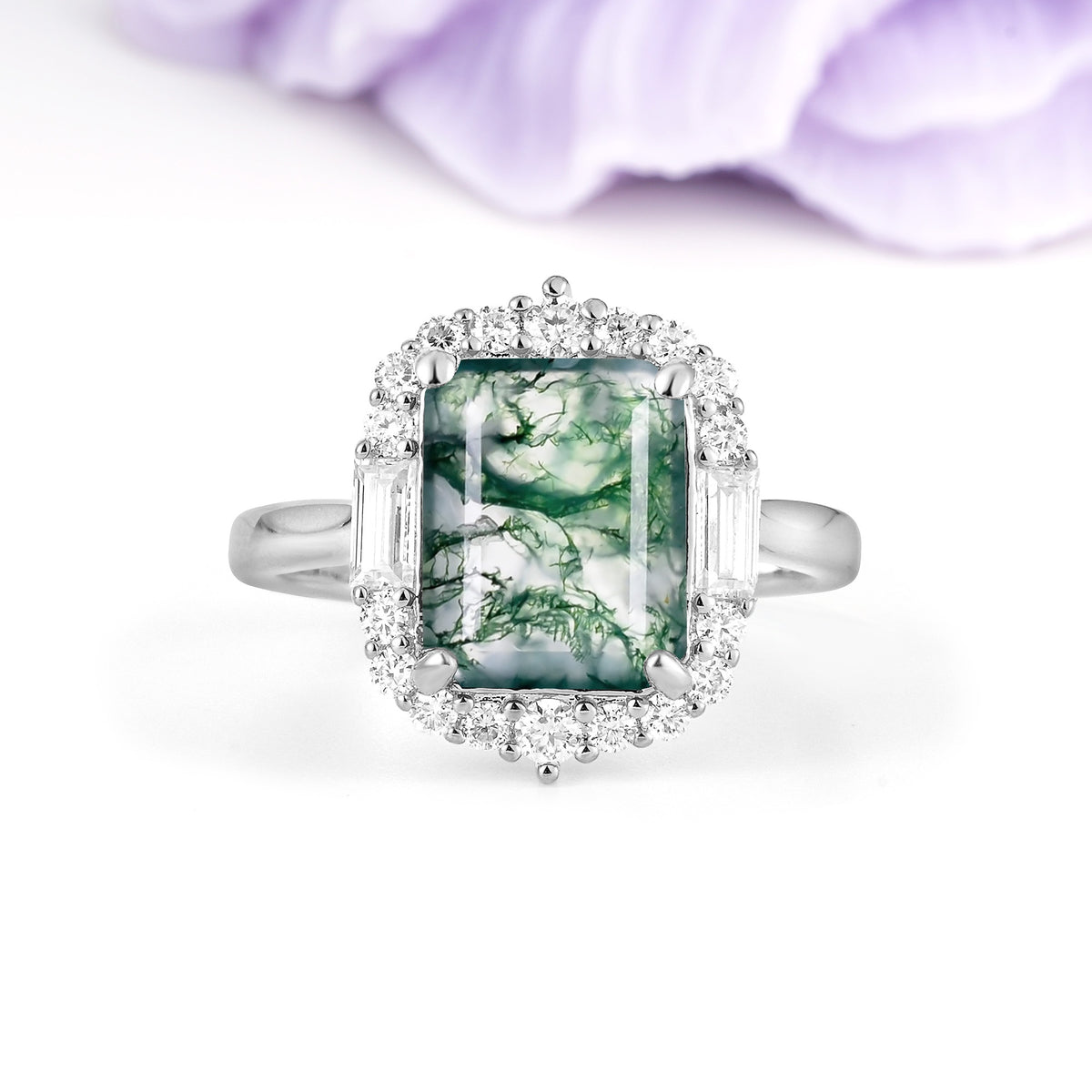 Unique & Classic 4-Prong Emerald Cut Moss Agate Engagement Ring - Additional view
