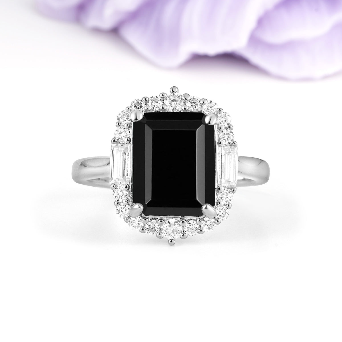 Unique & Classic 4-Prong Emerald Cut Black Onyx Engagement Ring - Additional view