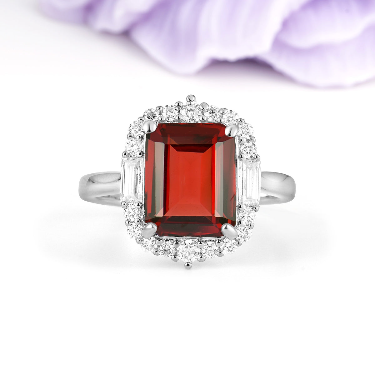 Unique & Classic 4-Prong Emerald Cut Garnet Engagement Ring - Additional view