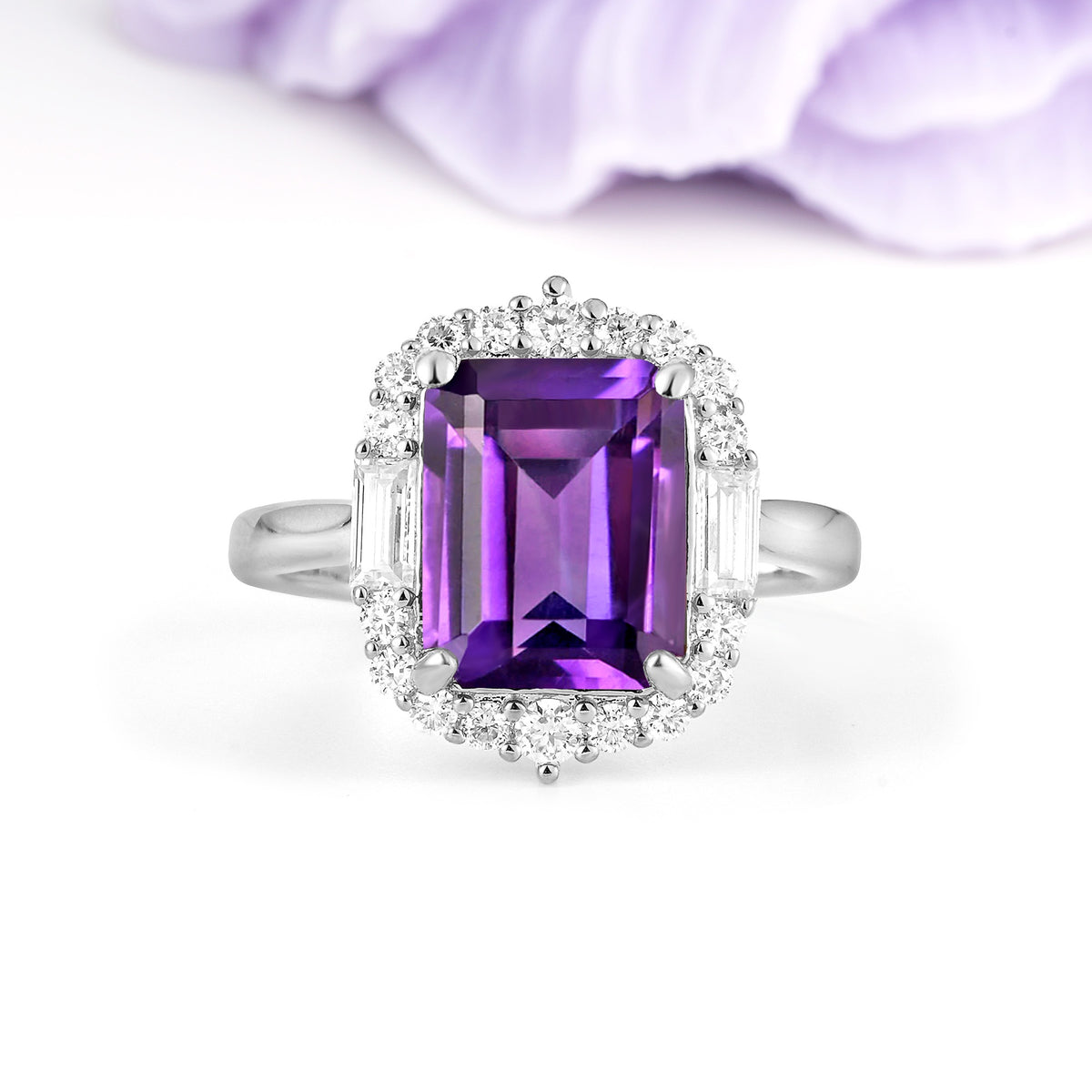 Unique & Classic 4-Prong Emerald Cut Amethyst Engagement Ring - Additional view