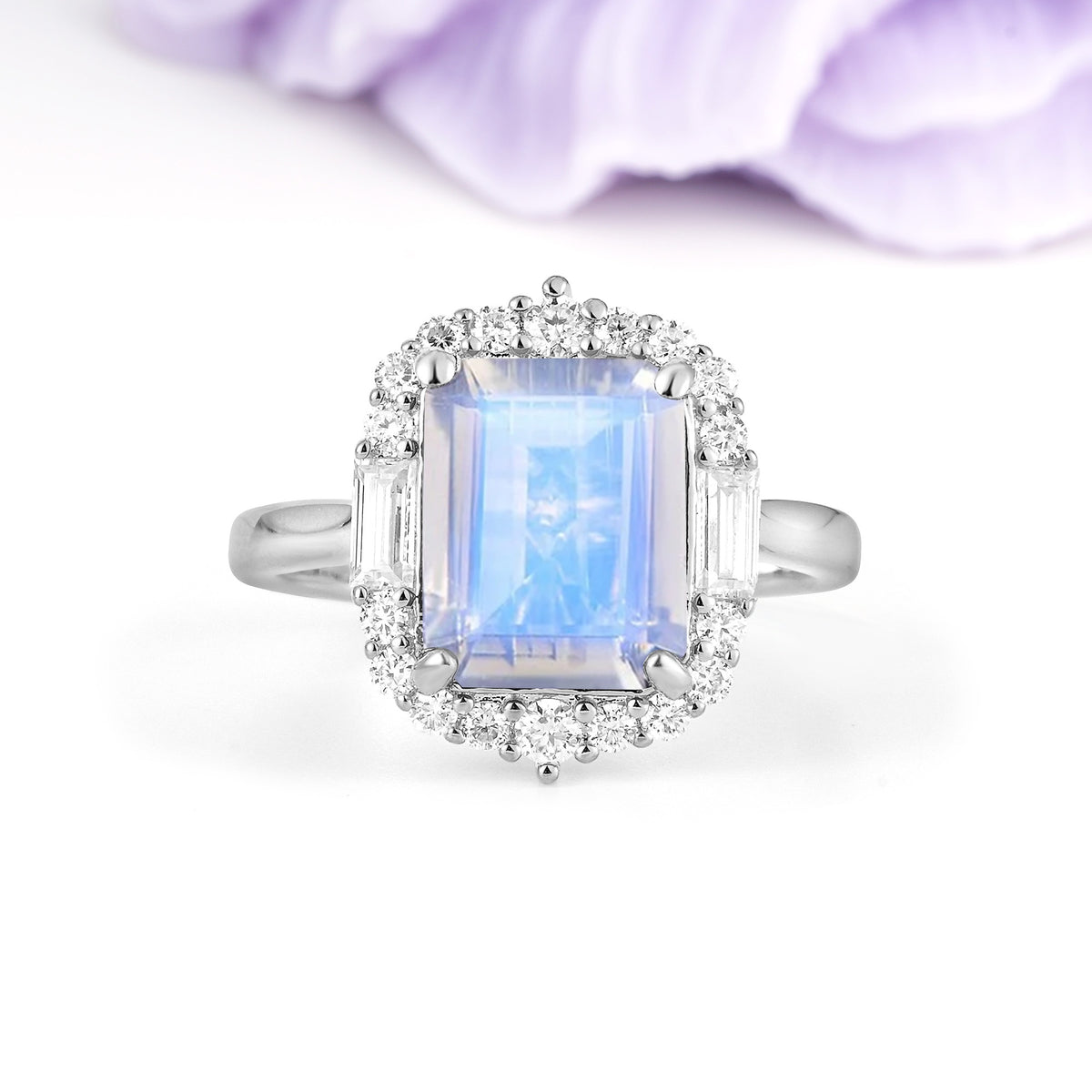 Unique & Classic 4-Prong Emerald Cut Moonstone Engagement Ring - Additional view