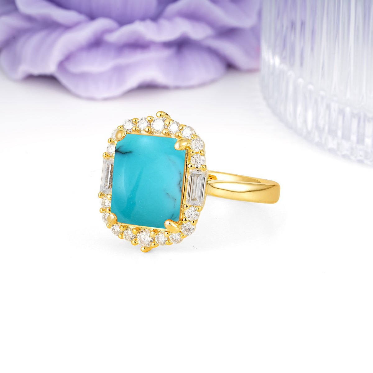 Unique & Classic 4-Prong Emerald Cut Turquoise Engagement Ring - Additional view