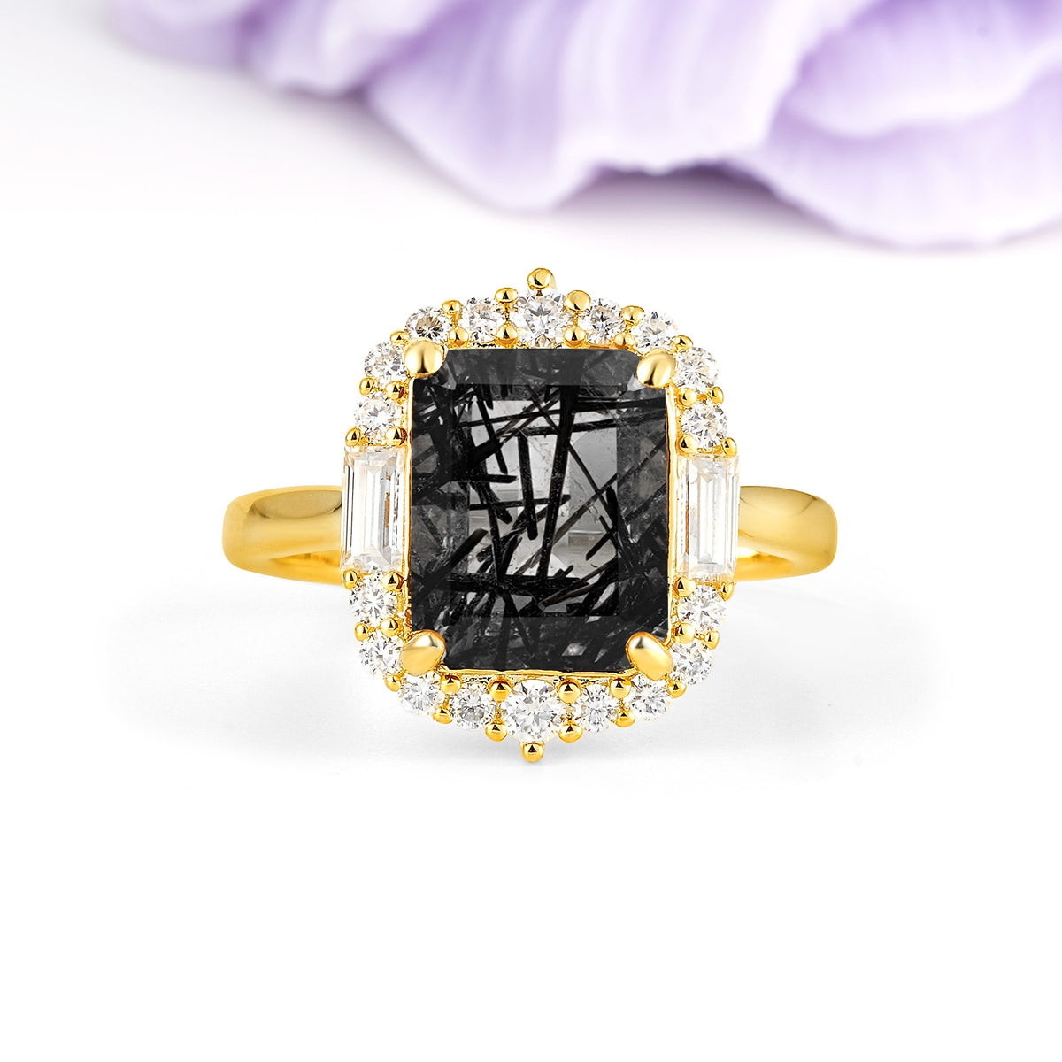 Unique & Classic 4-Prong Emerald Cut Black Rutilated Quartz Engagement Ring - Additional view