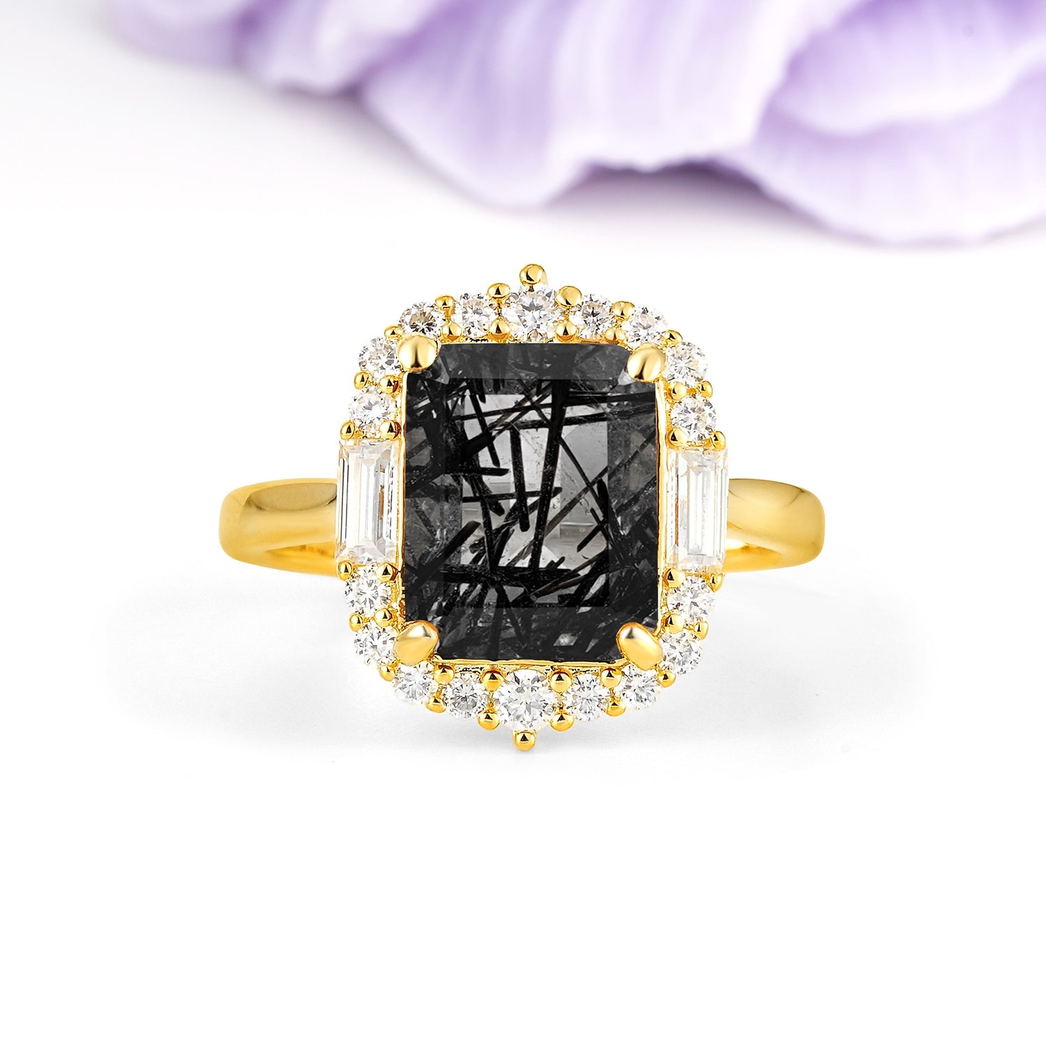Unique & Classic 4-Prong Emerald Cut Black Rutilated Quartz Engagement Ring - Additional view