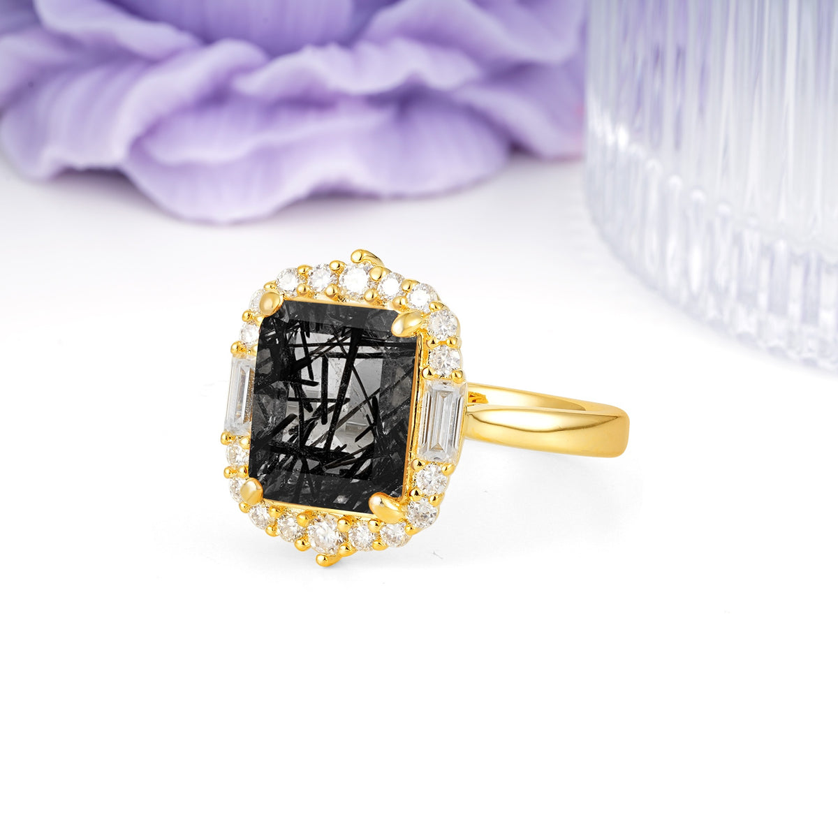 Unique & Classic 4-Prong Emerald Cut Black Rutilated Quartz Engagement Ring - Additional view