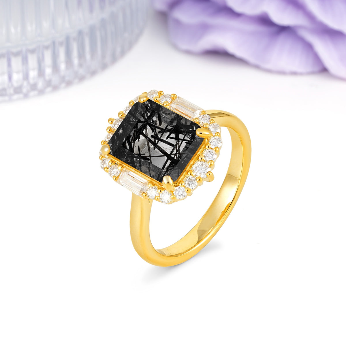Unique & Classic 4-Prong Emerald Cut Black Rutilated Quartz Engagement Ring - Additional view