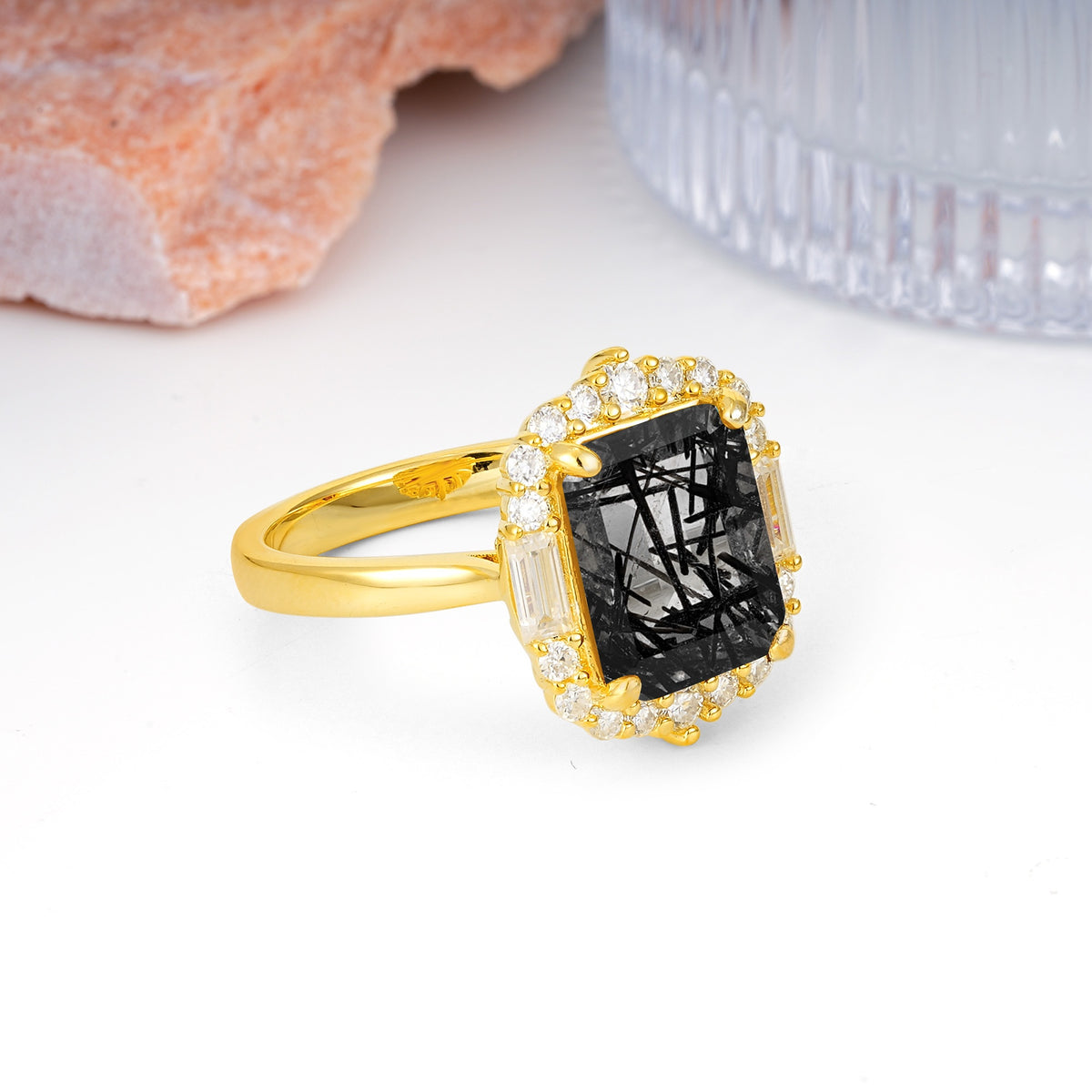 Unique & Classic 4-Prong Emerald Cut Black Rutilated Quartz Engagement Ring - Additional view