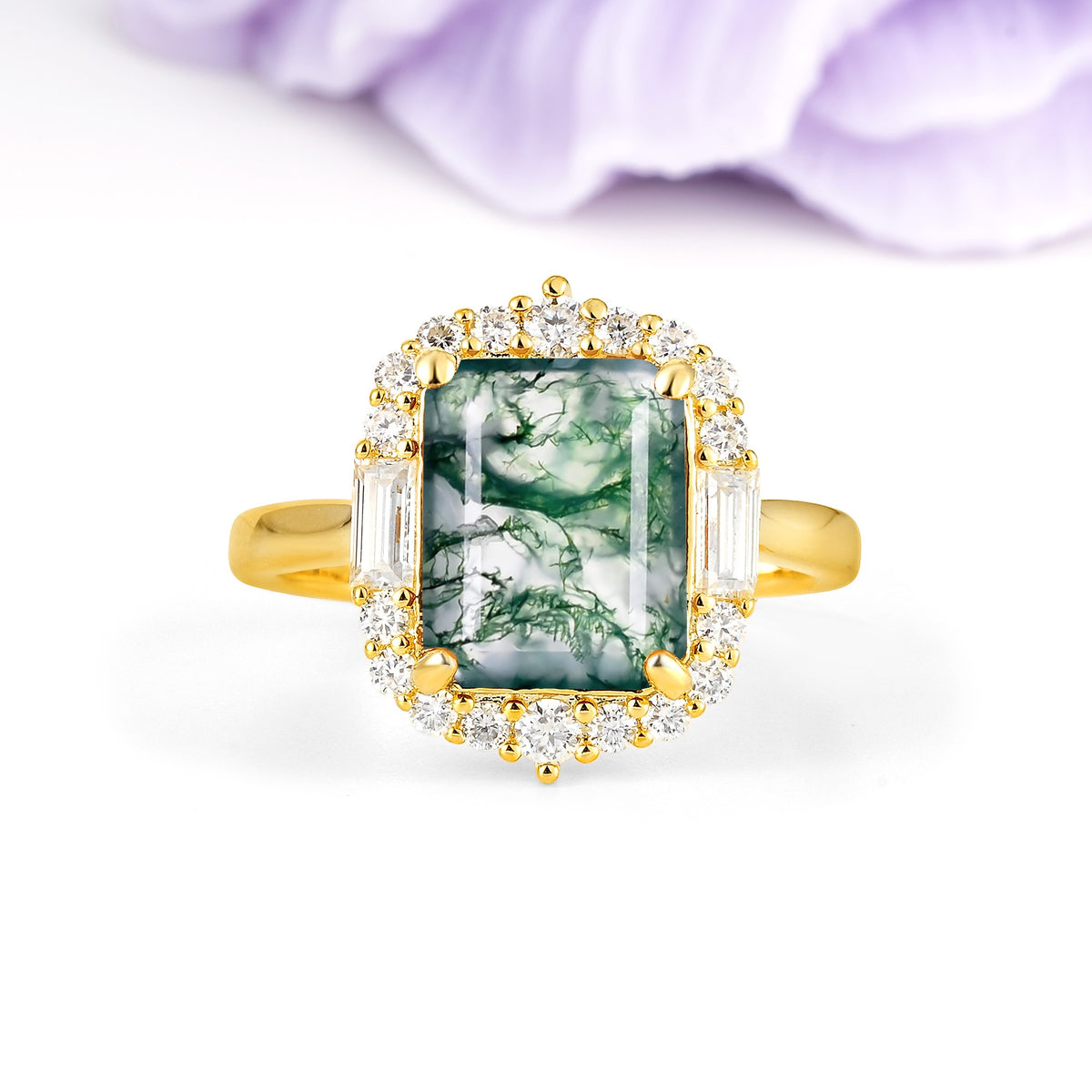 Unique & Classic 4-Prong Emerald Cut Moss Agate Engagement Ring - Additional view