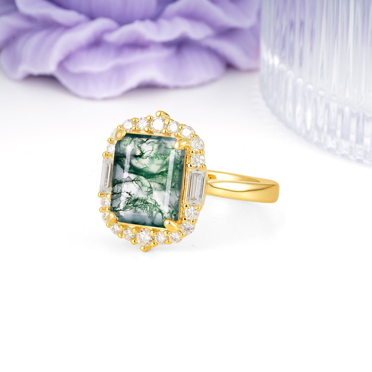 Unique & Classic 4-Prong Emerald Cut Moss Agate Engagement Ring - Additional view