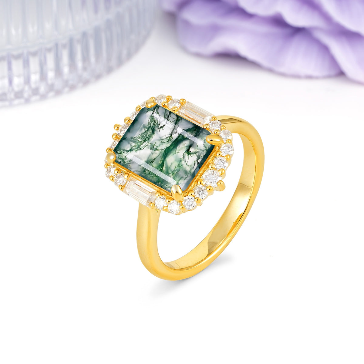 Unique & Classic 4-Prong Emerald Cut Moss Agate Engagement Ring - Additional view