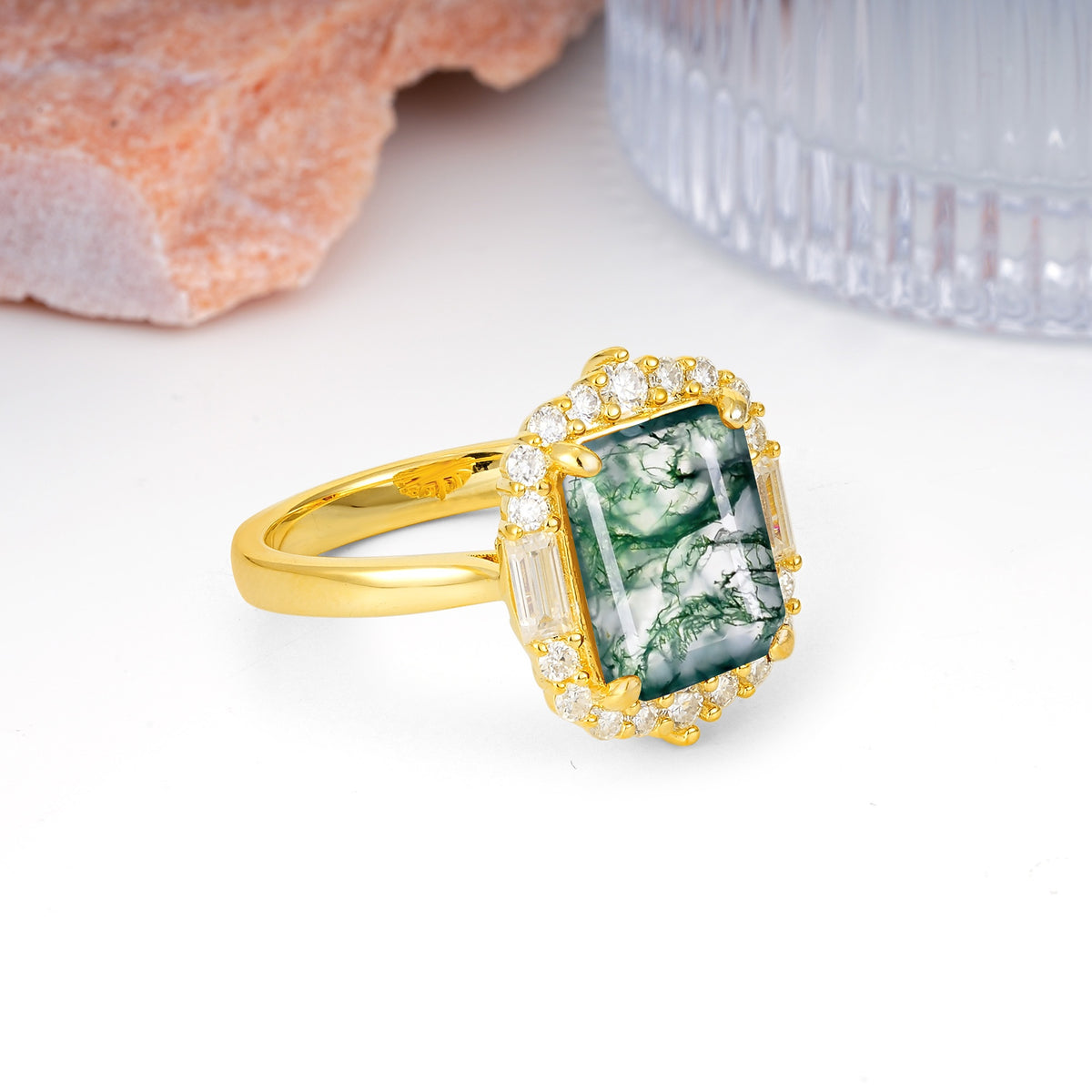 Unique & Classic 4-Prong Emerald Cut Moss Agate Engagement Ring - Additional view