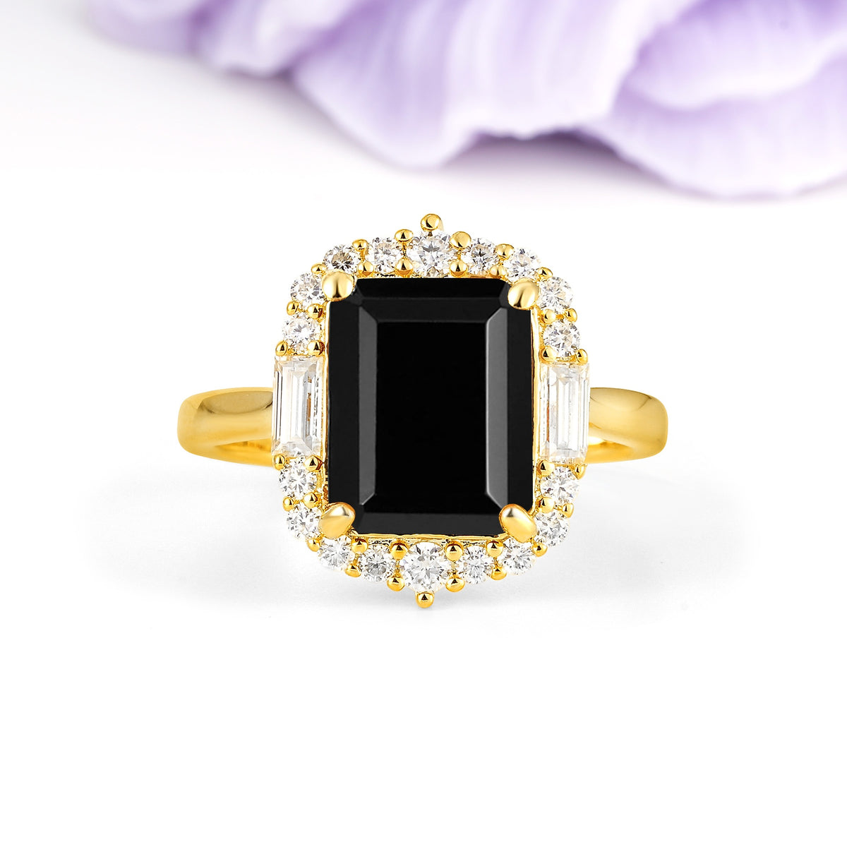 Unique & Classic 4-Prong Emerald Cut Black Onyx Engagement Ring - Additional view