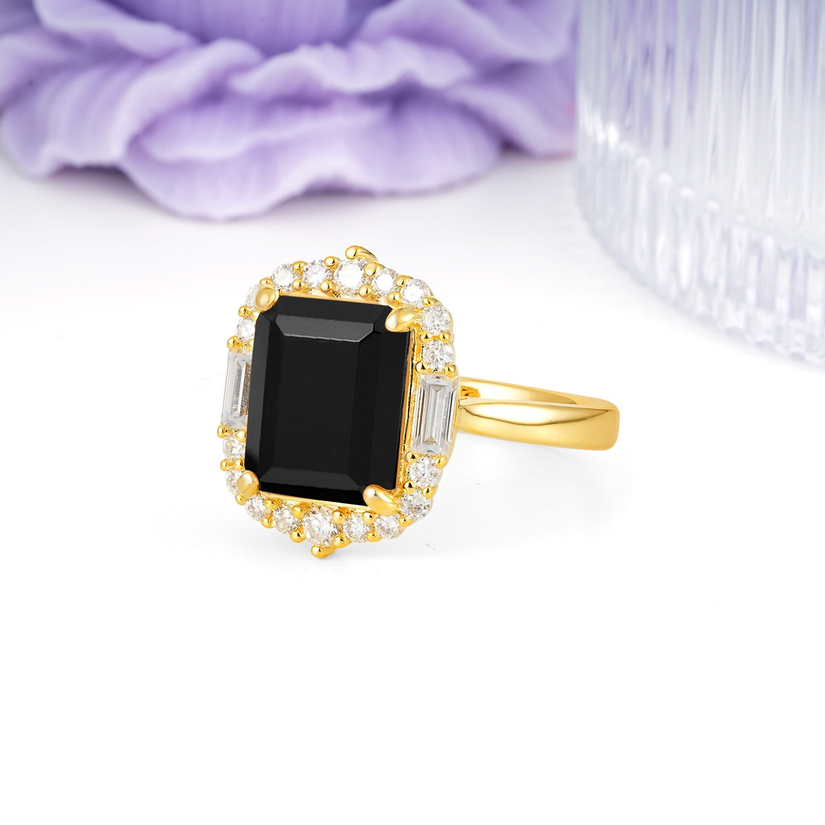 Unique & Classic 4-Prong Emerald Cut Black Onyx Engagement Ring - Additional view