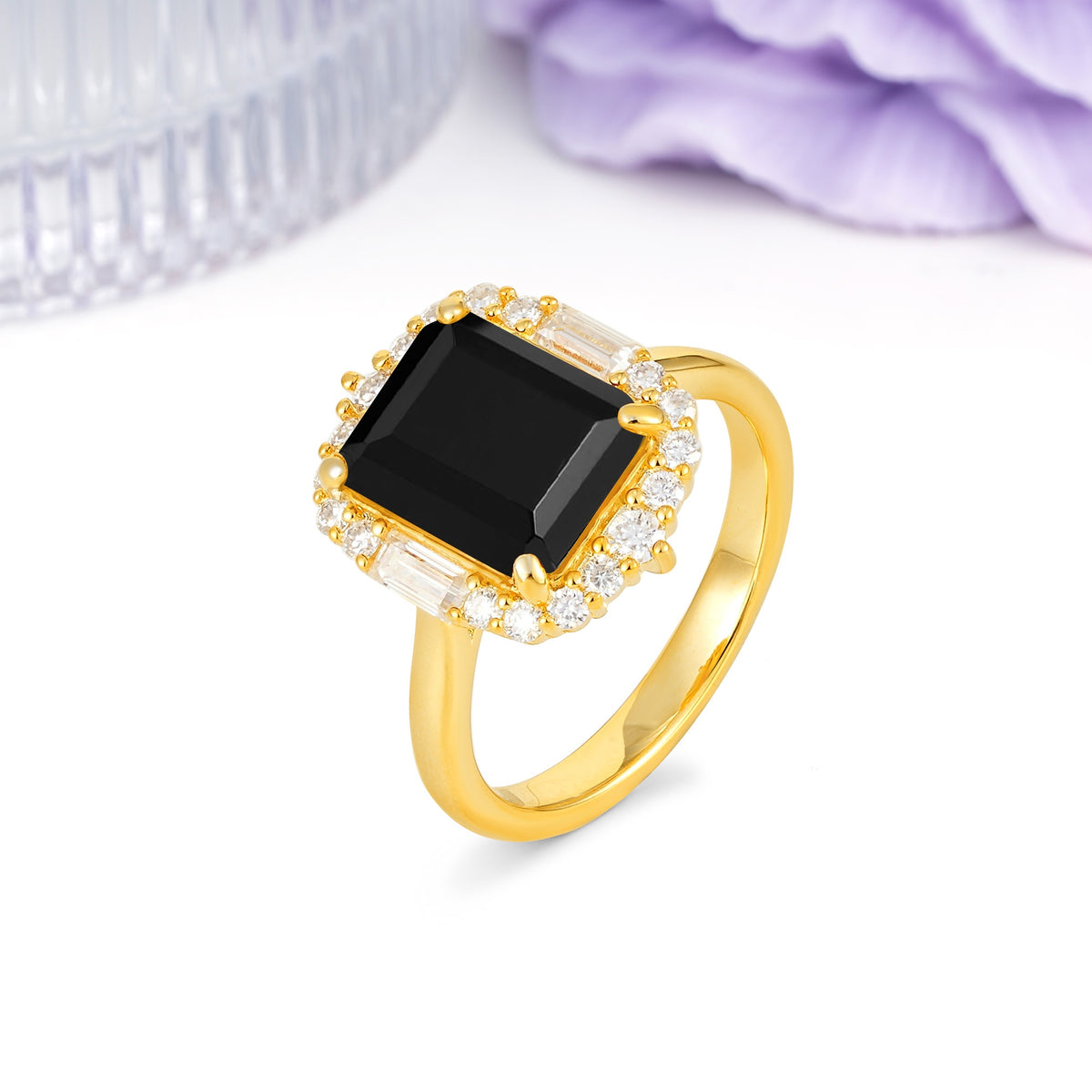 Unique & Classic 4-Prong Emerald Cut Black Onyx Engagement Ring - Additional view