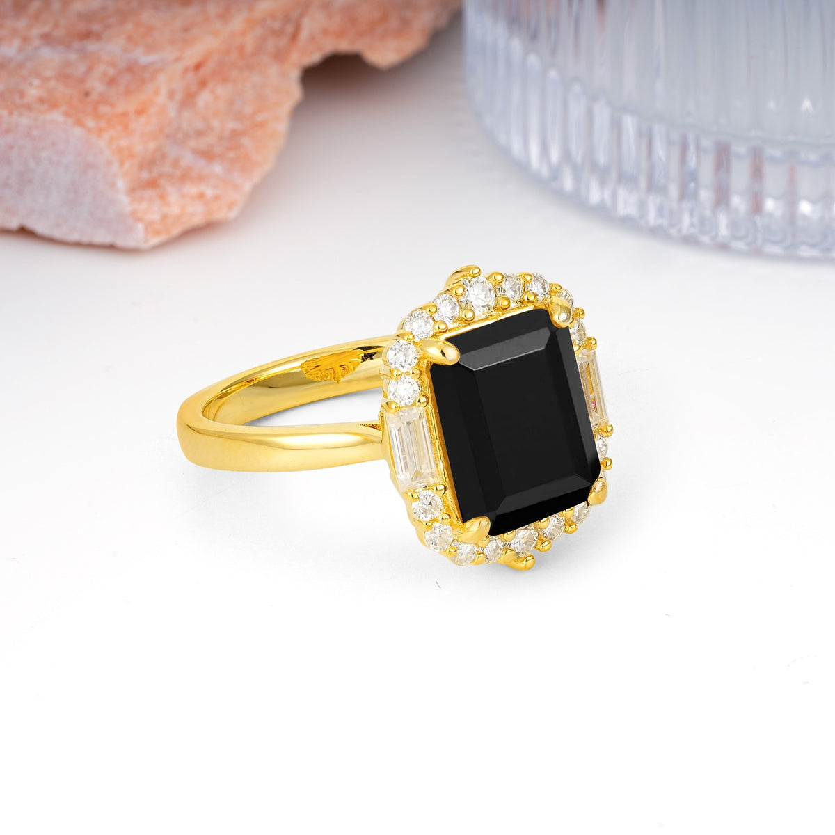 Unique & Classic 4-Prong Emerald Cut Black Onyx Engagement Ring - Additional view