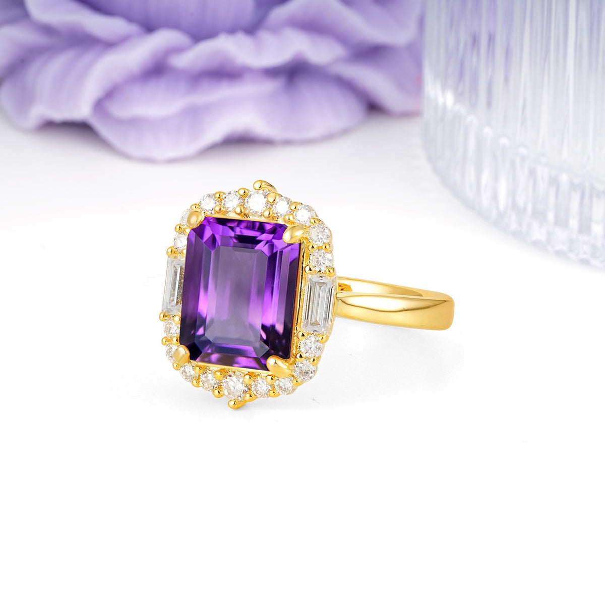 Unique & Classic 4-Prong Emerald Cut Amethyst Engagement Ring - Additional view