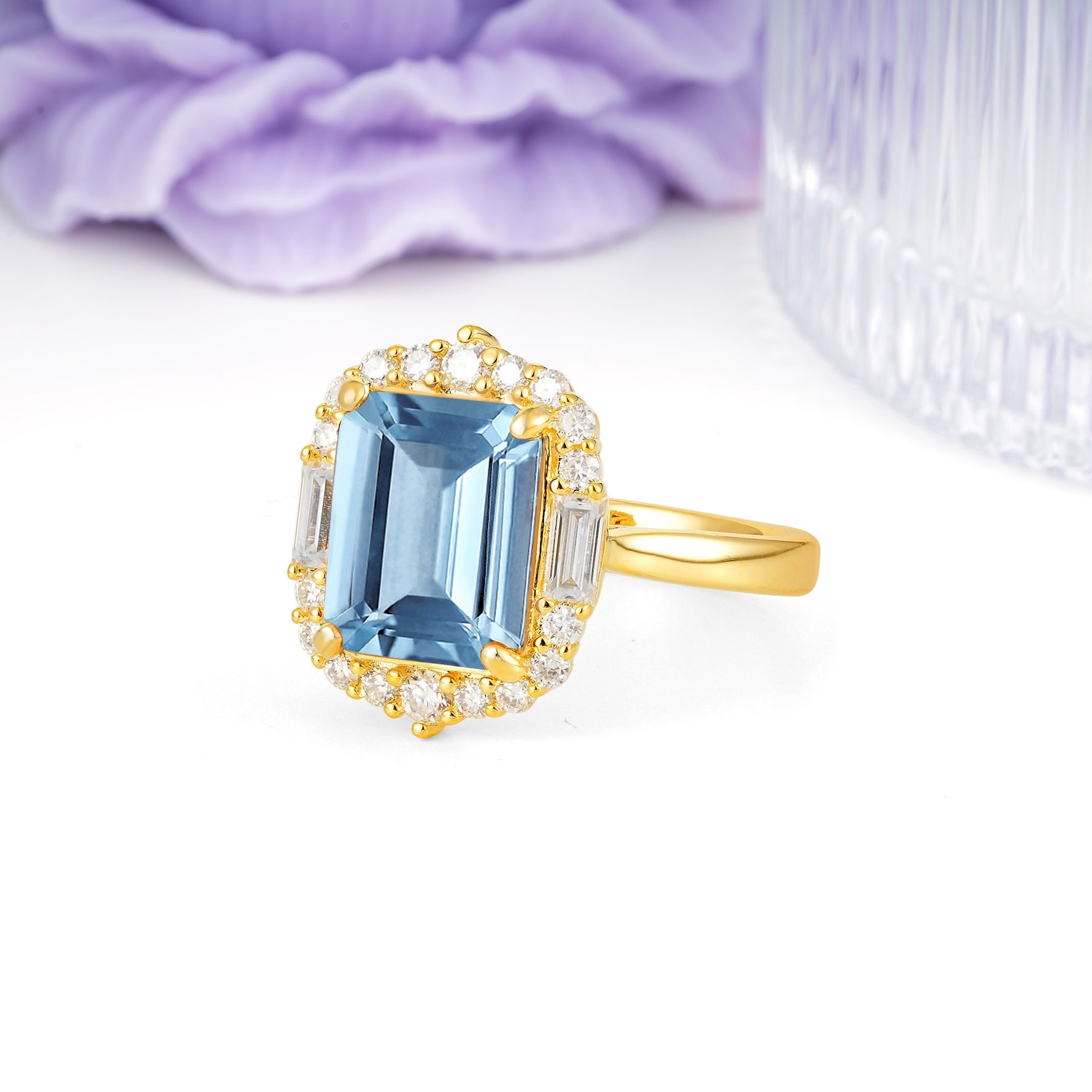 Unique & Classic 4-Prong Emerald Cut Aquamarine Engagement Ring - Additional view