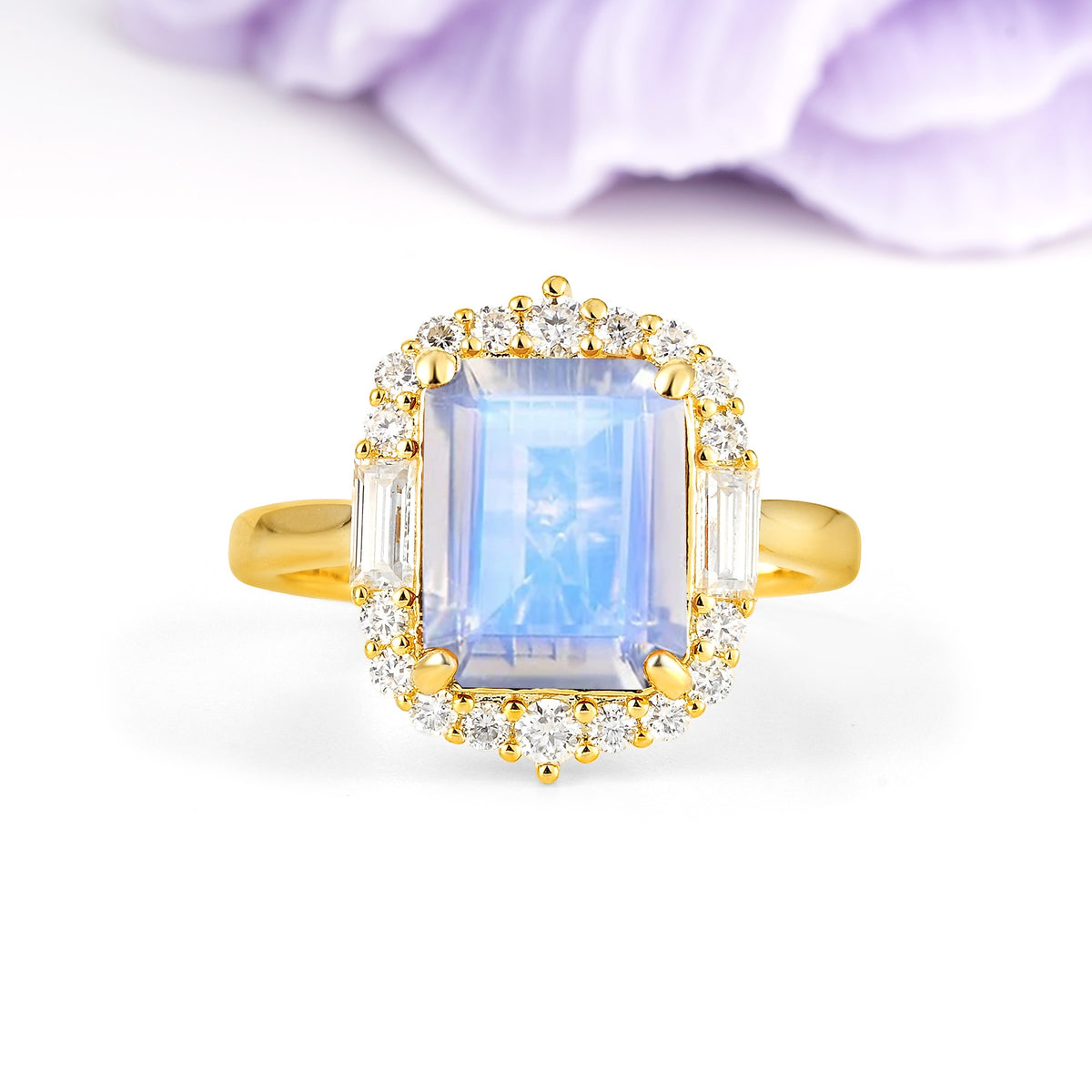 Unique & Classic 4-Prong Emerald Cut Moonstone Engagement Ring - Additional view